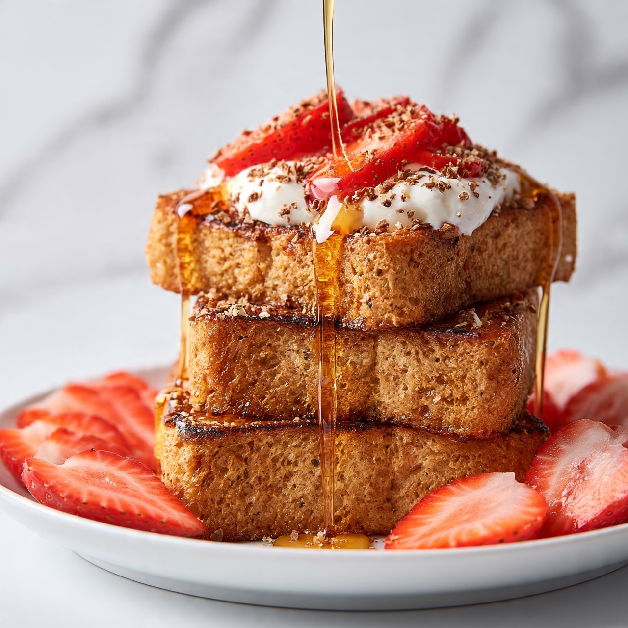 square image A stack of three thick, golden-brown toast slices is placed on a white plate against a white marbled background. The bottom two layers are plain toasted bread, while the top layer is topped with a dollop of white cream and sliced red strawberries. More sliced strawberries surround the stack on the plate. A golden syrup is being poured over the top, flowing down the sides of the toast, shining and catching light as it drips. Small bits of grated chocolate or similar garnish are sprinkled over the cream and toast, adding texture. The image focuses tightly on the stack, showing rich colors and a soft texture. Photo taken with an iphone --ar 4:5 --v 7