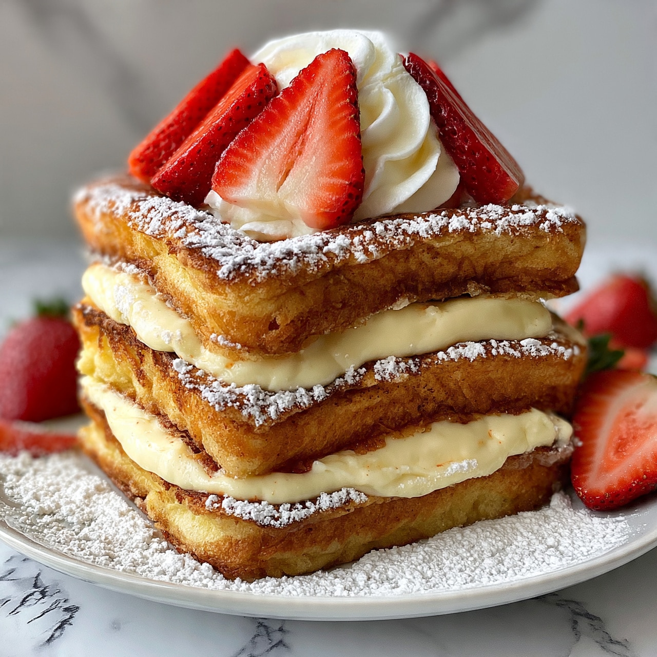 square image The image shows a stack of three thick pieces of golden brown French toast on a white plate. Between each piece is a layer of creamy light yellow custard or cream. On top of the stack, there are sliced bright red strawberries and a swirl of white whipped cream. The toast edges are dusted with white powdered sugar. Around the plate, whole and halved strawberries add color and freshness. The background and surface under the plate have a white marbled texture. Photo taken with an iphone --ar 4:5 --v 7