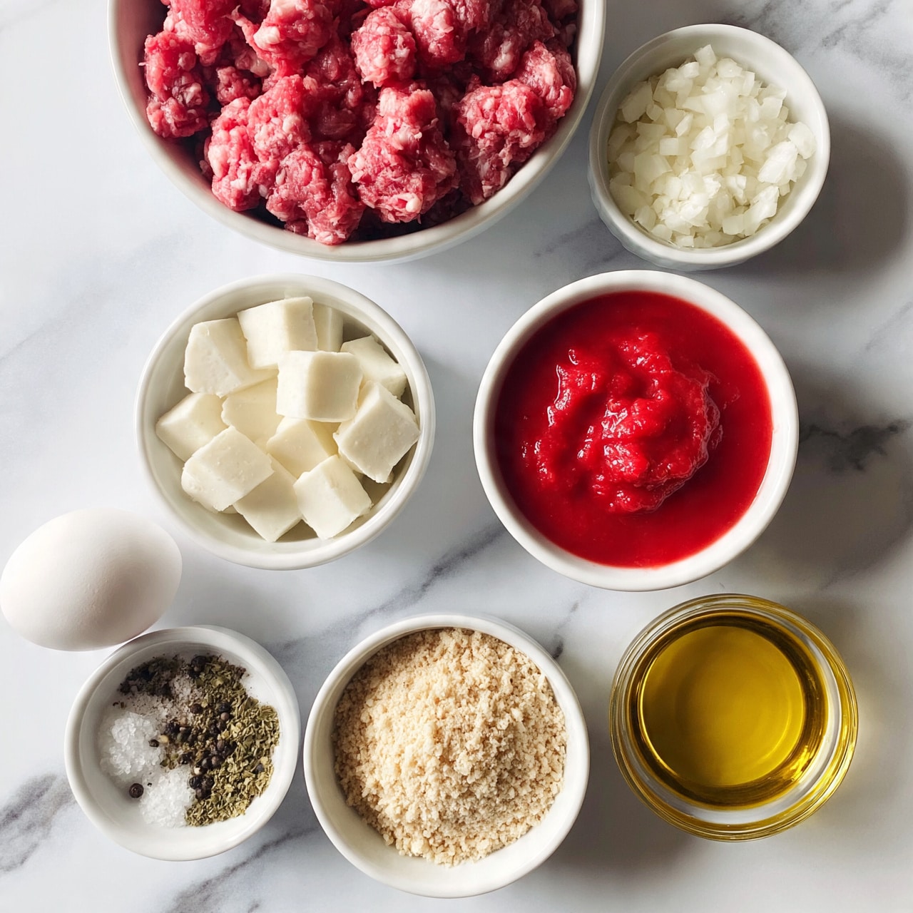square image The image shows eight separate ingredients arranged neatly on a white marbled surface. At the top left is a white bowl filled with raw ground meat, showing a mix of pink and red textures. To the right of it, in a smaller white bowl, is finely chopped white onion. Below the meat bowl is another white bowl with white cheese cubes, and next to it on the right is a white bowl filled with bright red tomato sauce. On the bottom left on the surface is a white egg, with a small white bowl next to it holding mixed spices including salt, black pepper, and dried green herbs. Below these is a white bowl with beige breadcrumbs. To the right of the egg and spice bowls is a white bowl with golden yellow olive oil. The overall setup is clean and well-organized. photo taken with an iphone --ar 4:5 --v 7