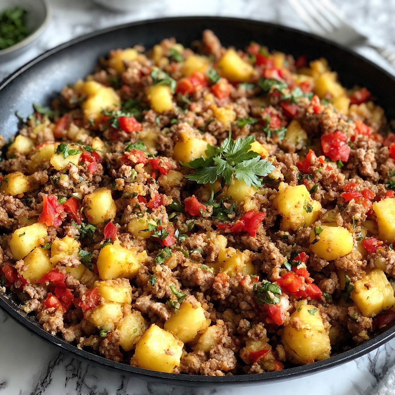 square image The image shows a black pan filled with cooked ground meat mixed with small golden yellow potato cubes, finely chopped red tomatoes, and scattered pieces of green herbs. The textures are soft and slightly crumbly from the meat with the potatoes adding a firmer, smooth contrast. The mixture spreads evenly across the pan, and a few loose herb leaves float on top for a fresh touch. The background is a white marbled surface with a visible silver fork placed near the top right corner and a small bowl holding green herbs blurred in the top left area. Photo taken with an iphone --ar 4:5 --v 7