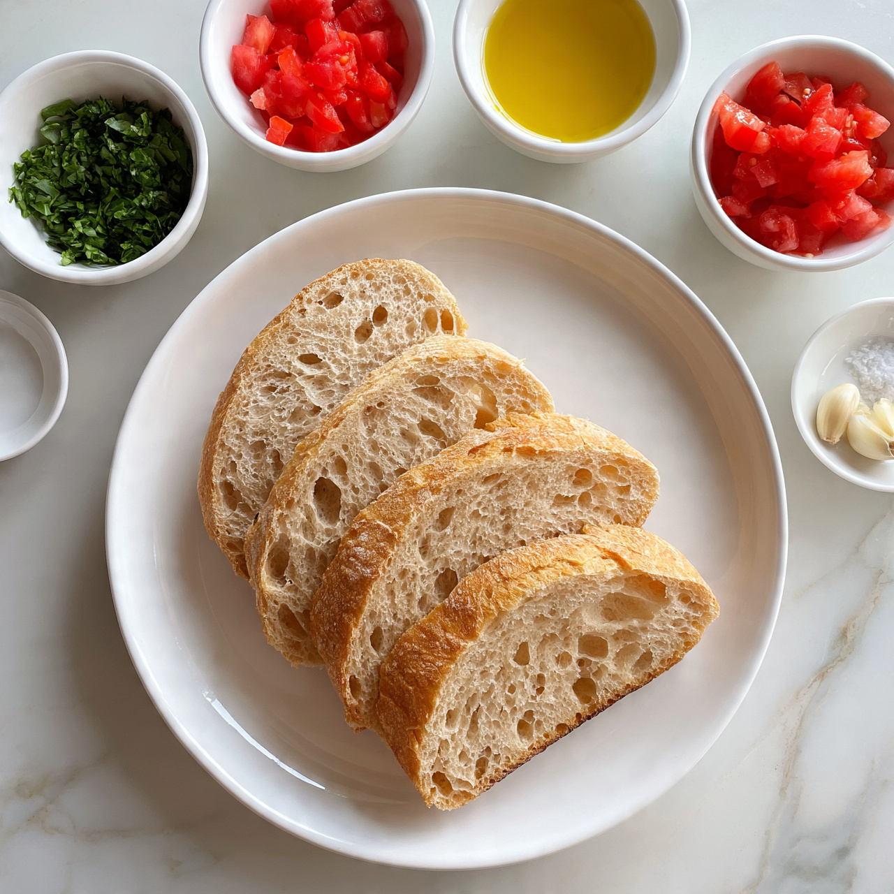 square image The image shows a white plate with four slices of light brown crusty bread with holes in the soft inside on a white marbled surface. Around the plate are four small white bowls: one bowl contains chopped green herbs, another has bright red chopped tomatoes, the third holds a yellow liquid that looks like olive oil, and the last has two small cloves of garlic and some salt. Everything is neat and well-arranged, ready for making a fresh bread topping. Photo taken with an iphone --ar 4:5 --v 7