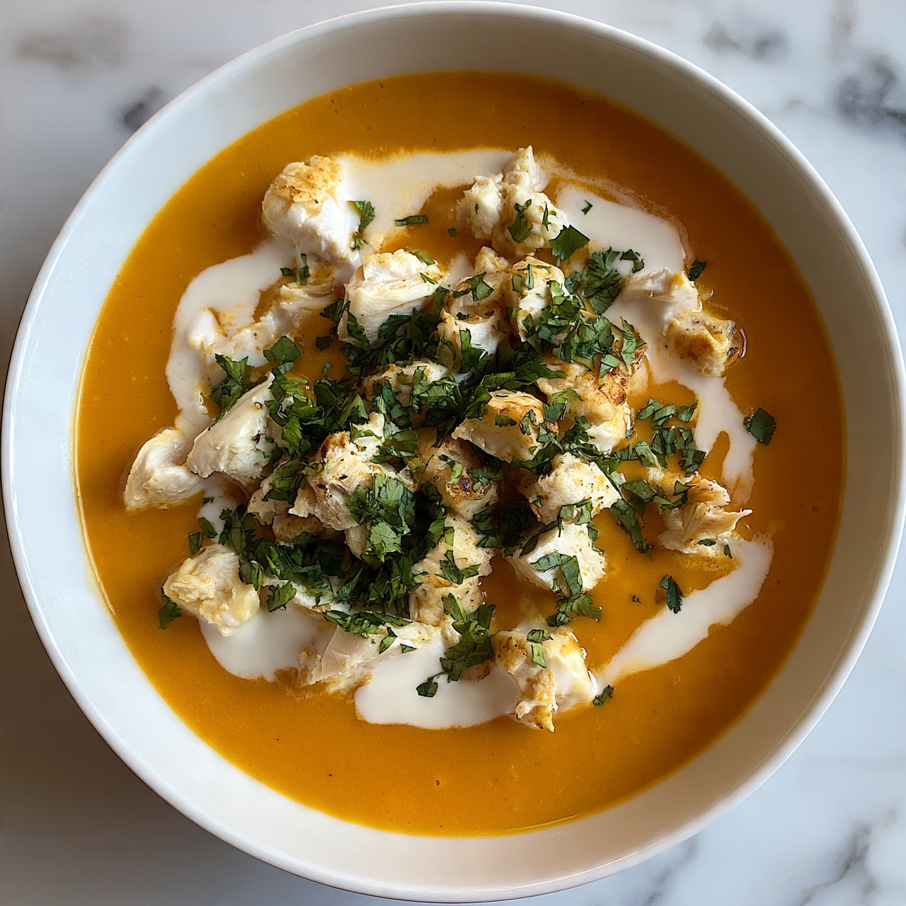 square image A white bowl filled with smooth orange soup as the base layer, topped with small chunks of white chicken scattered across the surface. On top of the chicken are thin white strips of cream drizzled unevenly, adding a soft texture. The dish is garnished with chopped fresh green cilantro, sprinkled generously over the chicken and cream. The bowl is placed on a white marbled surface. Photo taken with an iphone --ar 4:5 --v 7