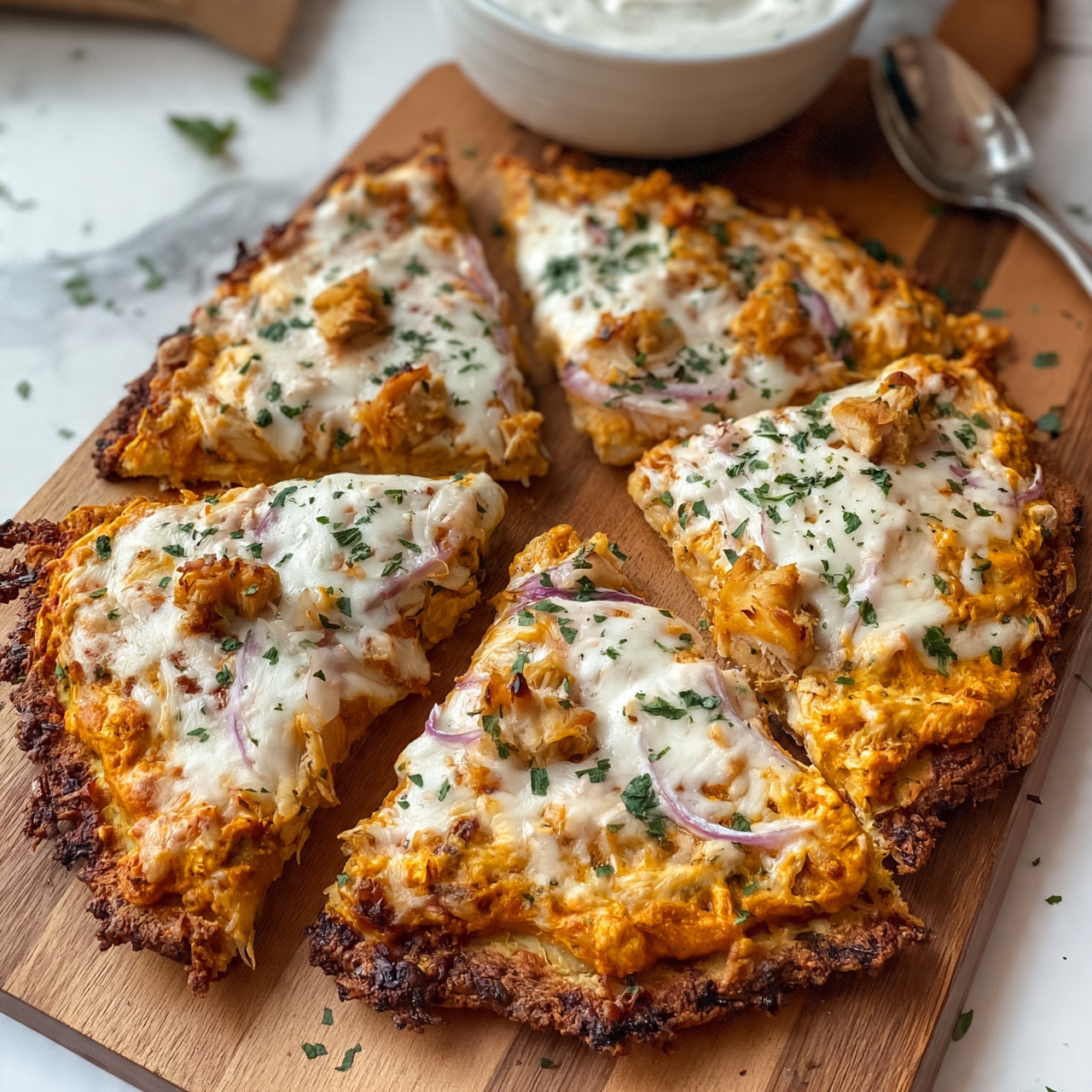 square image A wooden board holds a pizza sliced into five uneven pieces, each piece showing three main layers: a slightly charred, crispy brown crust at the bottom, a rich orange sauce with melted white cheese on top, and scattered green herbs sprinkled across the whole pizza. Small pieces of cooked light brown chicken and thin slices of red onion add texture and color between the sauce and cheese layers. A white bowl with a creamy white sauce sits nearby on a white marbled surface, along with a metal spoon and small green herb leaves scattered around. The photo taken with an iphone --ar 4:5 --v 7
