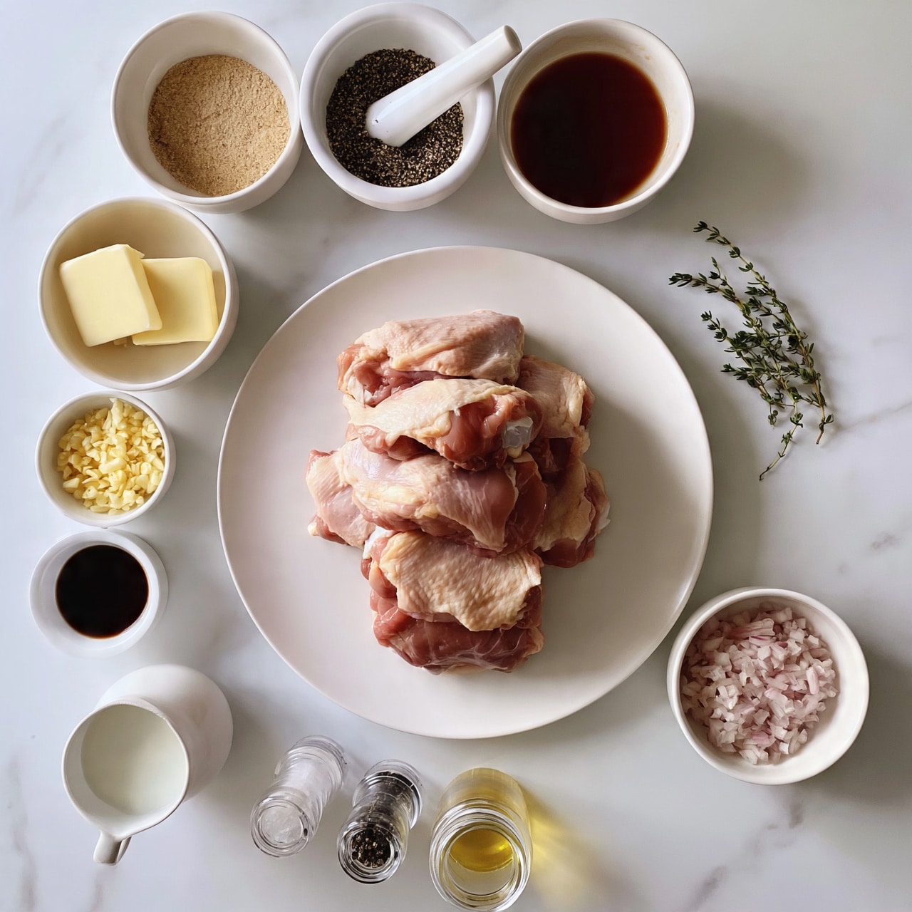 square image The image shows a white round plate in the center with seven pieces of raw pink chicken thighs stacked slightly on top of each other. Surrounding the plate, there are several small white bowls and clear containers arranged in a circle on a white marbled surface. Starting from the top left, there is a bowl with a light brown powder, to its right a white mortar filled with crushed black pepper and a white pestle inside. Next is a bowl with dark reddish-brown sauce. Below it, there are three sprigs of fresh green thyme on the surface. Moving left, there is a bowl with two square pieces of pale yellow butter, a small bowl of minced pale yellow garlic, a small dark liquid in a white bowl, and a bowl filled with finely chopped light pink shallots. Near the bottom left, there is a small white pitcher with milk, and above it, two small spice shakers—one with salt, the other with black pepper. Finally, a small clear container holding a yellow liquid, likely olive oil. All items are neatly arranged on a clean white marbled surface. photo taken with an iphone --ar 4:5 --v 7