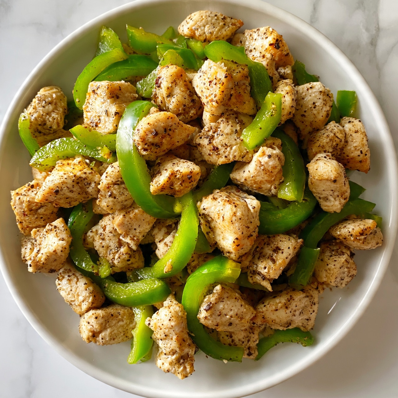 square image The image shows a white plate filled with small chunks of cooked chicken seasoned with black pepper and spices, giving the pieces a light brown and slightly rough texture. Mixed with the chicken are pieces of bright green bell pepper, cut into large, curved strips. The food is piled thickly on the plate, with the chicken pieces and bell peppers evenly spread throughout, creating a colorful contrast between the pale chicken and vibrant green peppers. The plate is placed on a white marbled surface. photo taken with an iphone --ar 4:5 --v 7
