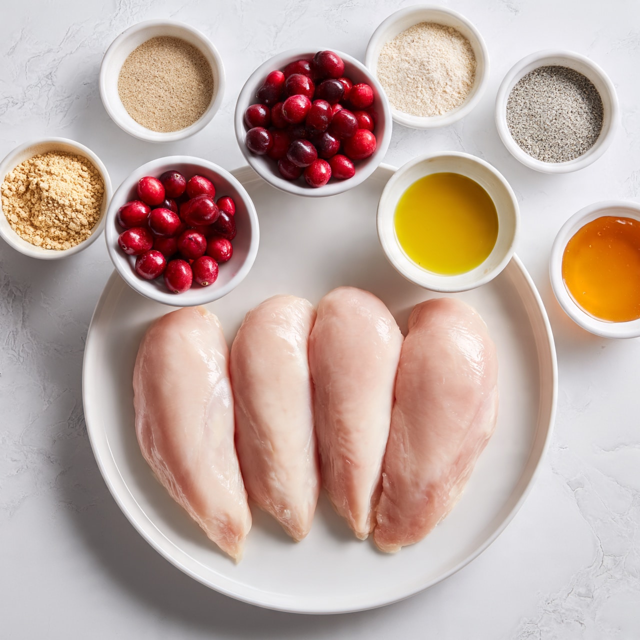 square image A white plate in the middle holds four raw, pale pink chicken fillets arranged side by side. Around the plate are small white bowls, each containing different ingredients: one has whole cranberries showing a bright red color, while others hold powders and seasonings in light brown, off-white, and gray shades. There is also a small bowl of golden yellow olive oil and a bowl with amber-colored honey. The scene is set on a white marbled textured surface, giving a clean look. Photo taken with an iphone --ar 4:5 --v 7