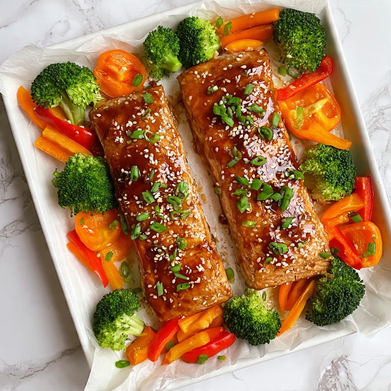 square image The dish shows two rectangular-shaped glazed salmon fillets in the center, covered with a shiny brown sauce and sprinkled with white sesame seeds and chopped green onions. Around the salmon fillets, there are vibrant pieces of green broccoli florets and orange and red mini bell peppers cut into halves and strips. Everything is arranged on a white baking tray lined with parchment paper, which sits on a white marbled surface. The colors are bright and fresh, with the salmon’s brown glaze contrasting nicely against the green and orange vegetables. Photo taken with an iphone --ar 4:5 --v 7 square image