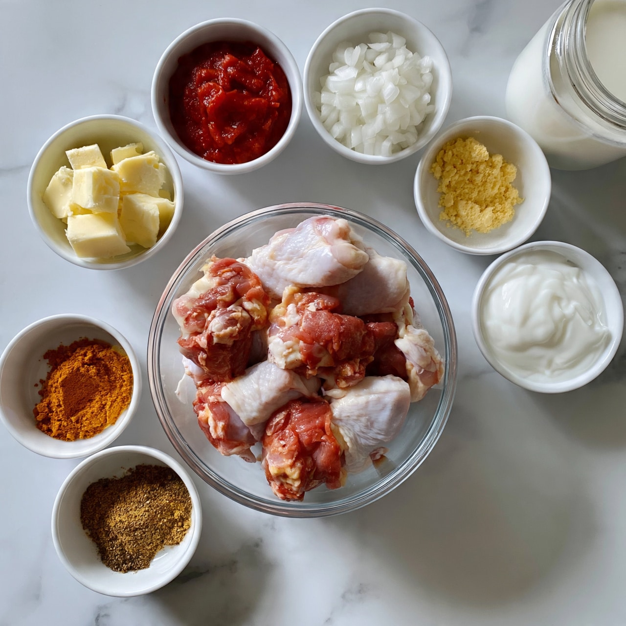 Creamy Butter Chicken Skillet Recipe 4 square image The image shows raw chicken pieces placed in a clear bowl on a white marbled surface. Around the bowl, there are smaller white bowls arranged neatly: one with red tomato sauce, one with chopped white onions, one holding cubes of butter, and one with thick white yogurt. There are also three small white bowls with spices in them—one has a reddish orange powder, another has a yellow powder, and the last has a mix of brown spices. Next to them is a glass jar filled with cream or milk. The scene is bright and clean with a clear view from above. photo taken with an iphone --ar 4:5 --v 7