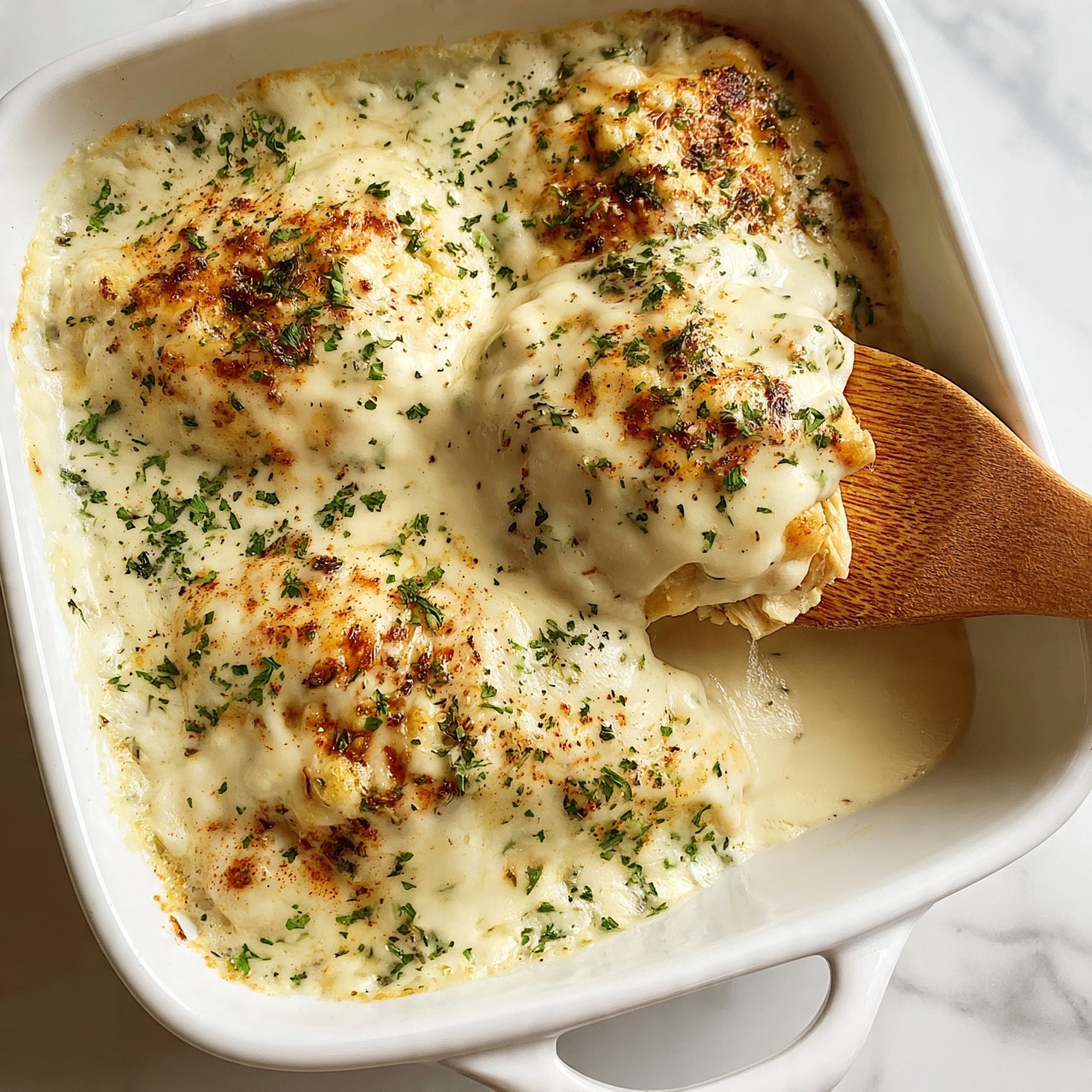 square image A white rectangular baking dish filled with three large pieces of baked chicken covered in a thick, creamy white sauce with herbs sprinkled on top. The sauce looks smooth and slightly bubbly, with bits of green parsley and some brown spices scattered across the surface. A wooden spatula is lifting one piece from the dish, showing the chicken underneath the sauce. The background is a white marbled texture. photo taken with an iphone --ar 4:5 --v 7
