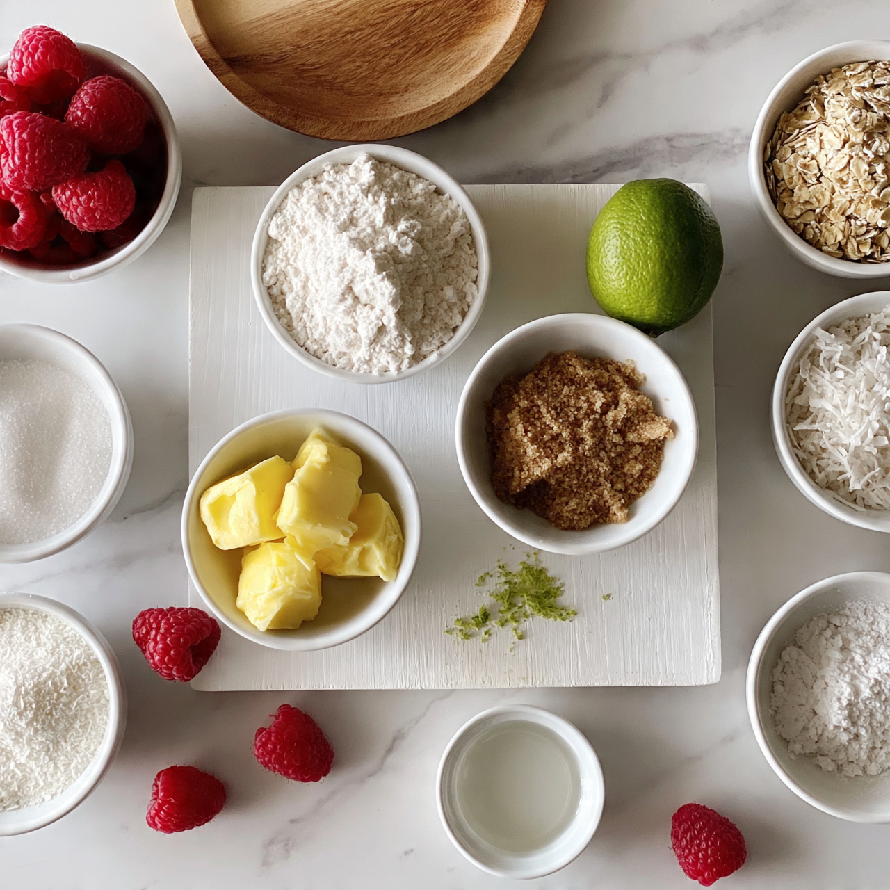 Raspberry Coconut Bars Recipe 4 square image The image shows several white bowls and a round wooden dish arranged on a white marbled surface with a white rectangular wooden board. On the board are four white bowls filled with white flour, yellow butter chunks, brown sugar, and a small amount of green lime zest. Next to the board on the surface are a whole green lime and a small white bowl with clear liquid. Surrounding the board are white bowls containing red raspberries, white sugar, rolled oats, shredded coconut, and white powder. A few raspberries are scattered around the bowls. photo taken with an iphone --ar 4:5 --v 7