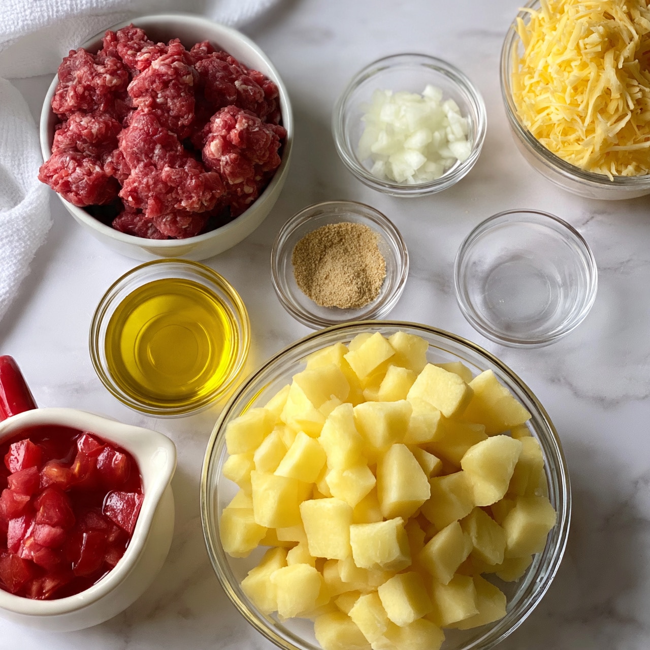 square image The image shows six small bowls with different ingredients placed on a white marbled surface. The largest bowl at the bottom center is clear glass filled with chopped yellow potatoes. Above it to the left is a white bowl containing raw ground meat with a reddish-pink color and coarse texture. To the right of the meat bowl is a small clear bowl with finely chopped white onions. Below the meat bowl is a small clear bowl with light brown powder, likely seasoning. Above this seasoning bowl is a small clear bowl filled with golden-yellow oil. At the bottom left, a white pitcher with a red handle holds diced red tomatoes in liquid. At the top right, another clear bowl contains shredded yellow cheese. A white cloth is partially visible in the top left corner. photo taken with an iphone --ar 4:5 --v 7