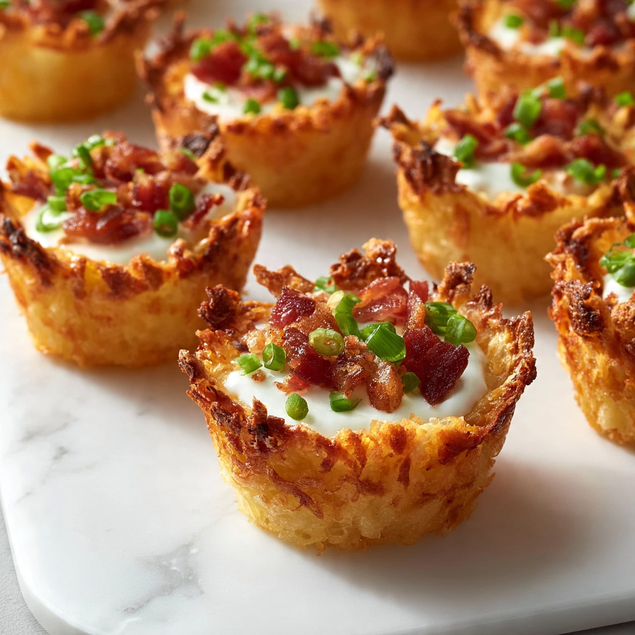 square image The image shows several small crispy cups made from a golden brown, crunchy potato base, each cup holding three distinct layers. The bottom layer is the thick, uneven, golden crust forming the cup. On top of this is a smooth white layer of sour cream filling the cup's hollow. The final layer consists of small chunks of crispy reddish-brown bacon and bright green chopped scallions sprinkled on top. The cups are placed on a white marbled surface, spread out with some space between them, and the colors contrast nicely with the white background. photo taken with an iphone --ar 4:5 --v 7