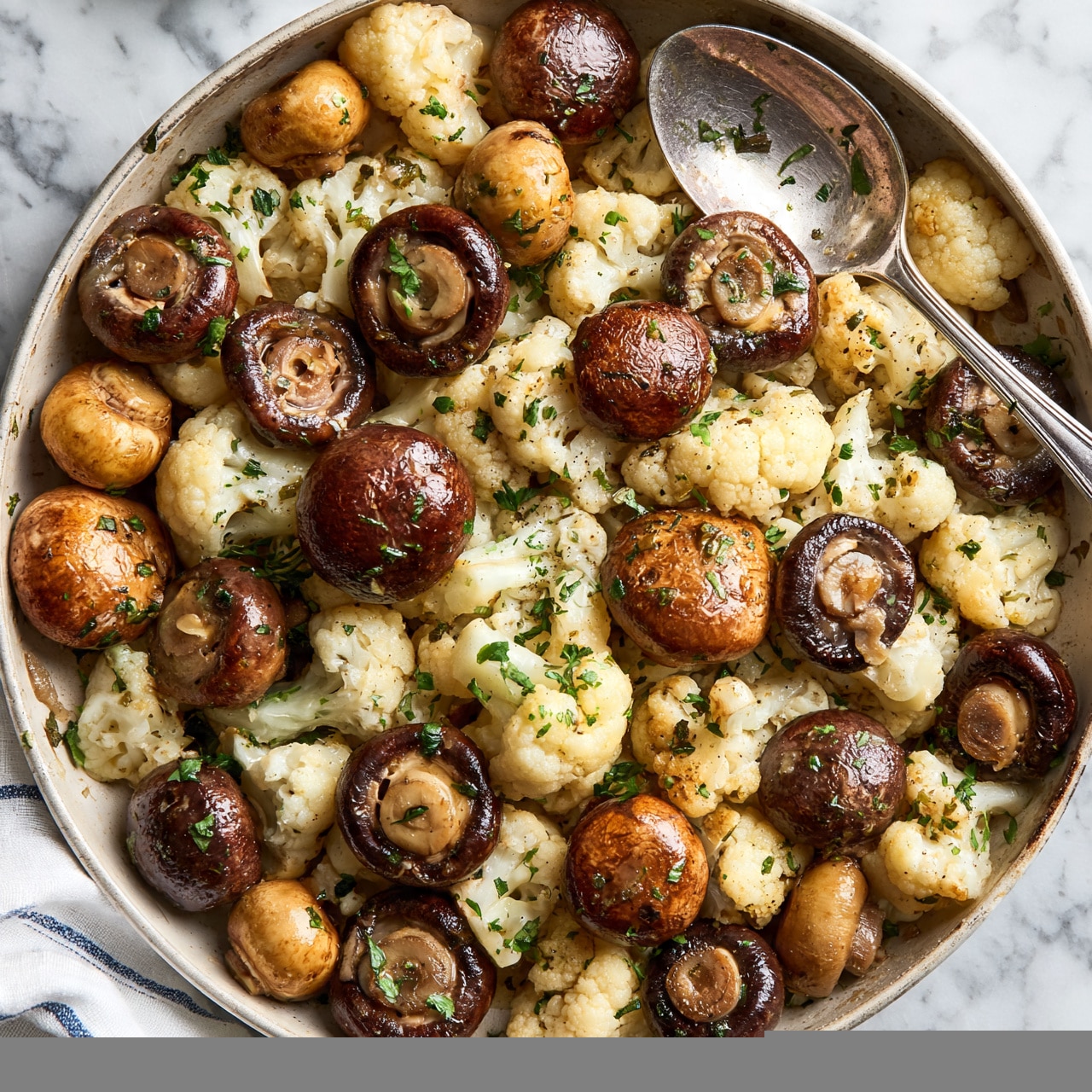  square image A large round pan filled with cooked whole brown mushrooms and white cauliflower pieces mixed together, topped with small green herb bits, with a silver spoon resting inside the pan near the top right. The mushrooms have a shiny texture while the cauliflower looks soft. The background is a white marbled surface and there is a white cloth with blue lines on the bottom left edge of the image. photo taken with an iphone --ar 4:5 --v 7