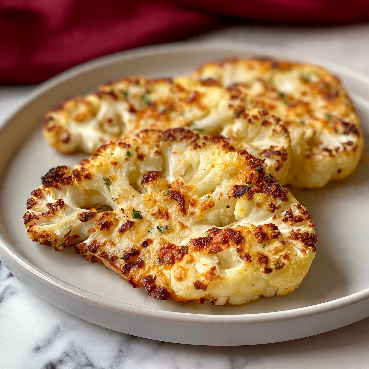 square image The image shows three thick slices of roasted cauliflower steaks placed on a smooth, round, white plate. Each cauliflower steak has a golden-brown color with darker roasted spots, showing a crunchy texture on the outer edges and soft white florets inside. Small green herb pieces are sprinkled over the top, adding bright touches of color. The plate sits on a white marbled surface with a deep red cloth in the background. Photo taken with an iphone --ar 4:5 --v 7