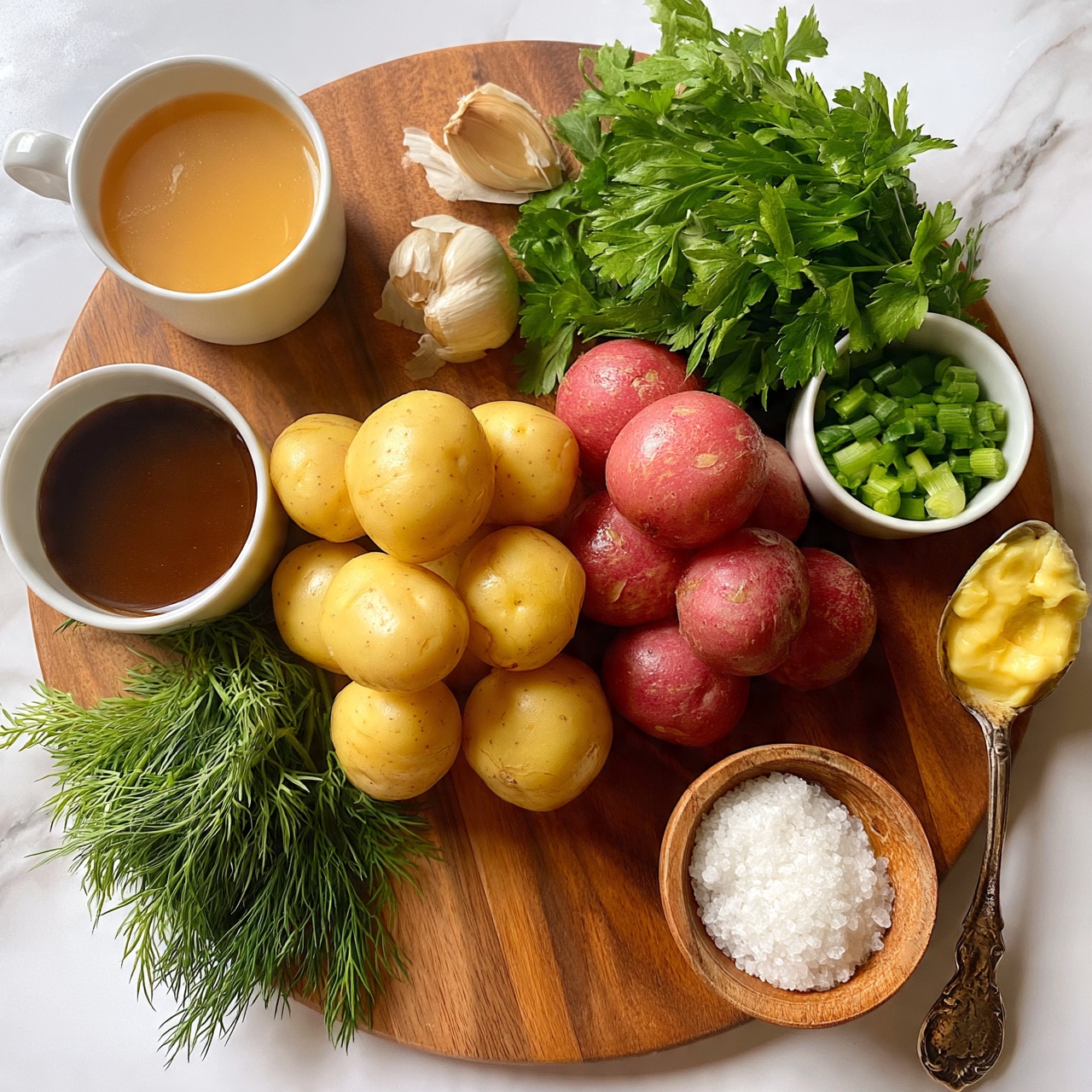 square image A round wooden board placed on a white marbled surface holds several fresh ingredients arranged neatly. There are two groups of small potatoes, yellow and red, stacked in the center. To the top left of the potatoes, a white cup with a handle contains a light orange liquid, and just below it, another white cup holds a dark brown liquid. Fresh green herbs, including parsley at the top right and dill at the bottom left, are positioned beside the potatoes. Chopped green onions sit in a small white cup near the parsley. Two garlic cloves are placed near the top center, with one partially peeled. A small wooden bowl filled with coarse salt is situated near the bottom right. A tarnished silver spoon on the far right holds a yellow creamy substance. The items are arranged cleanly and spaced evenly. photo taken with an iphone --ar 4:5 --v 7