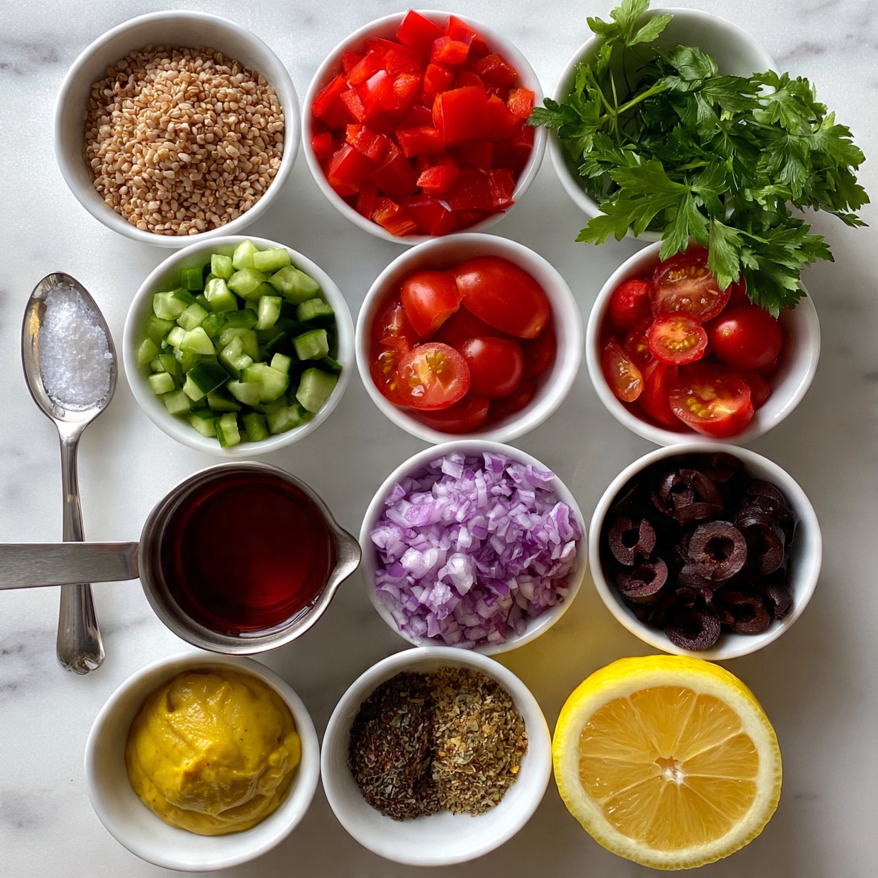 square image The image shows nine small white bowls arranged on a white marbled surface. From top left to right are bowls filled with light brown grains, bright red chopped bell peppers, and fresh green parsley sprigs placed beside. Below them, there are bowls of chopped green cucumbers, red grape tomatoes cut in half, and a spoon with white salt on the left. Next row has a silver measuring cup with dark reddish liquid, finely chopped purple onions in a white bowl, and dark sliced olives. At the bottom, there is a bowl with a dollop of yellow mustard, a bowl with two types of dried seasonings, and half a lemon with visible bright yellow pulp. The bowls are evenly spaced and the colors are vivid, creating a fresh and organized look. photo taken with an iphone --ar 4:5 --v 7