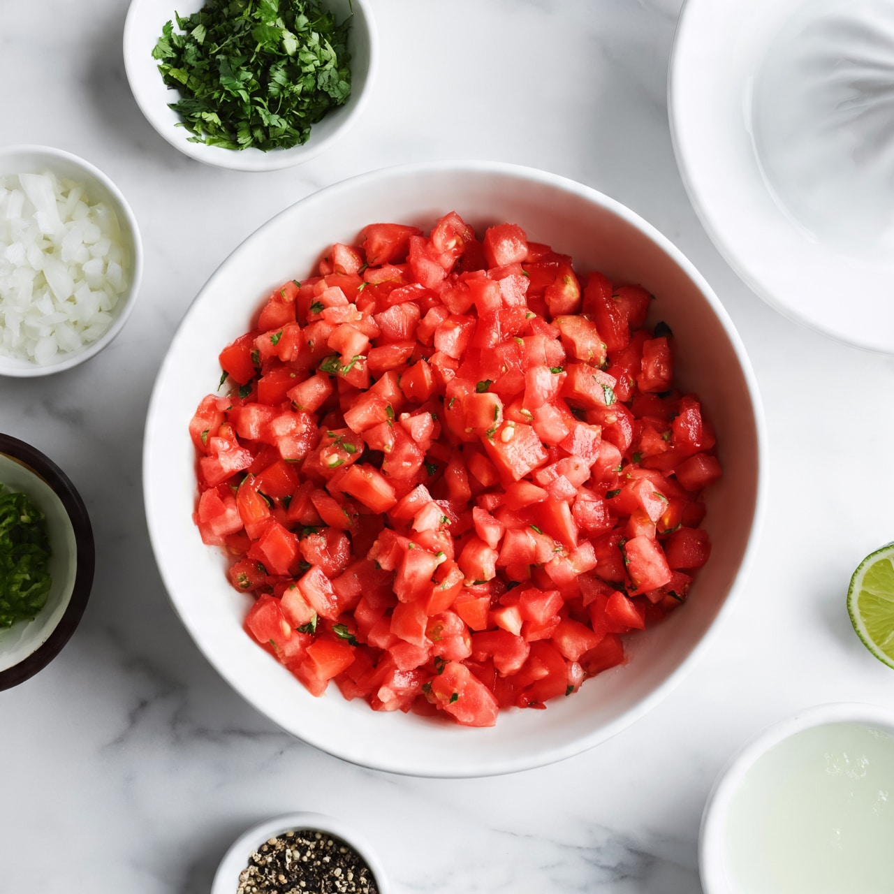 square image The image shows a white bowl full of finely diced red tomatoes on a white marbled surface. Surrounding the bowl are small white bowls and a small dark bowl with layers of different ingredients: one bowl has white chopped onions, one bowl holds green chopped cilantro, another has green chopped chili peppers, and one small bowl contains black and white pepper mix. There is also a white juicer with freshly squeezed lime juice visible, and a halved lime beside it. A woman's hand is not shown but implied by the placement of the juicer. The setting is clean and bright. Photo taken with an iphone --ar 4:5 --v 7