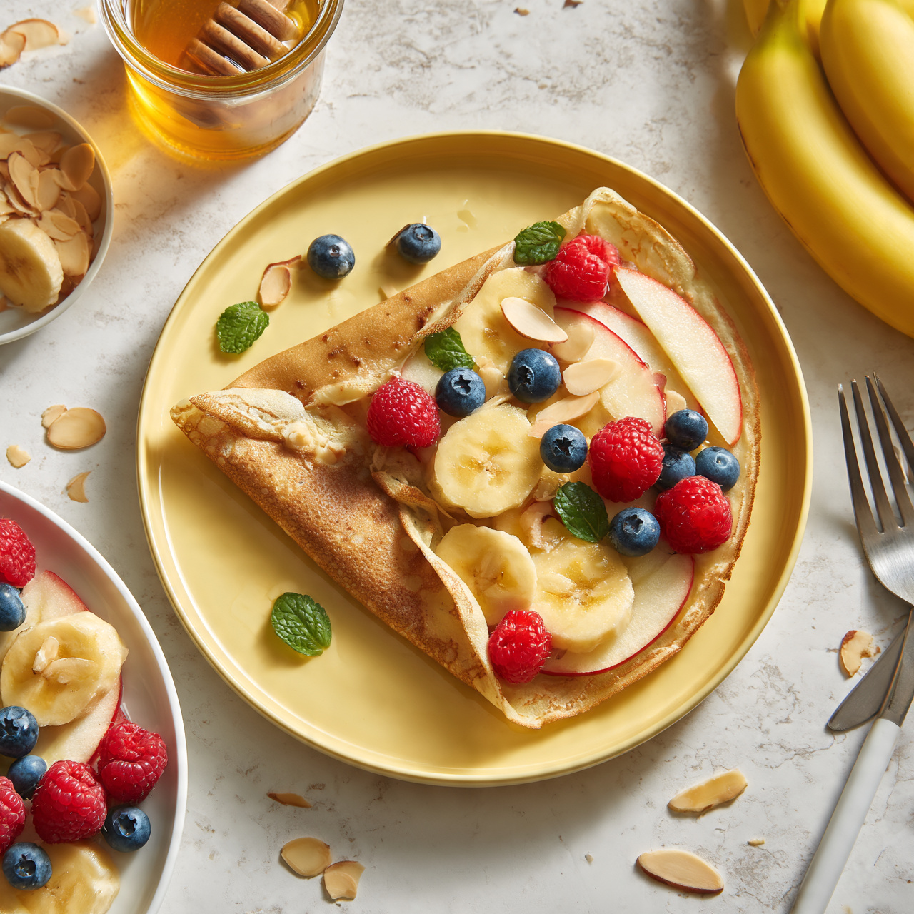 square image A yellow plate holds a folded brown crepe filled and topped with sliced light-yellow bananas, red raspberries, blue blueberries, and white apple slices with red edges, garnished with small green mint leaves and a few thin beige almond slices. The crepe has a slightly textured surface with light brown edges. Around the plate, there are scattered almond slices and fruit pieces on a white marbled surface. To the left, a white plate with more banana slices, raspberries, and blueberries is partly visible, along with a glass jar of golden honey with a wooden dipper inside and another small dish of almond slices. To the right, three bright yellow bananas lie next to a fork and knife. Photo taken with an iphone --ar 4:5 --v 7
