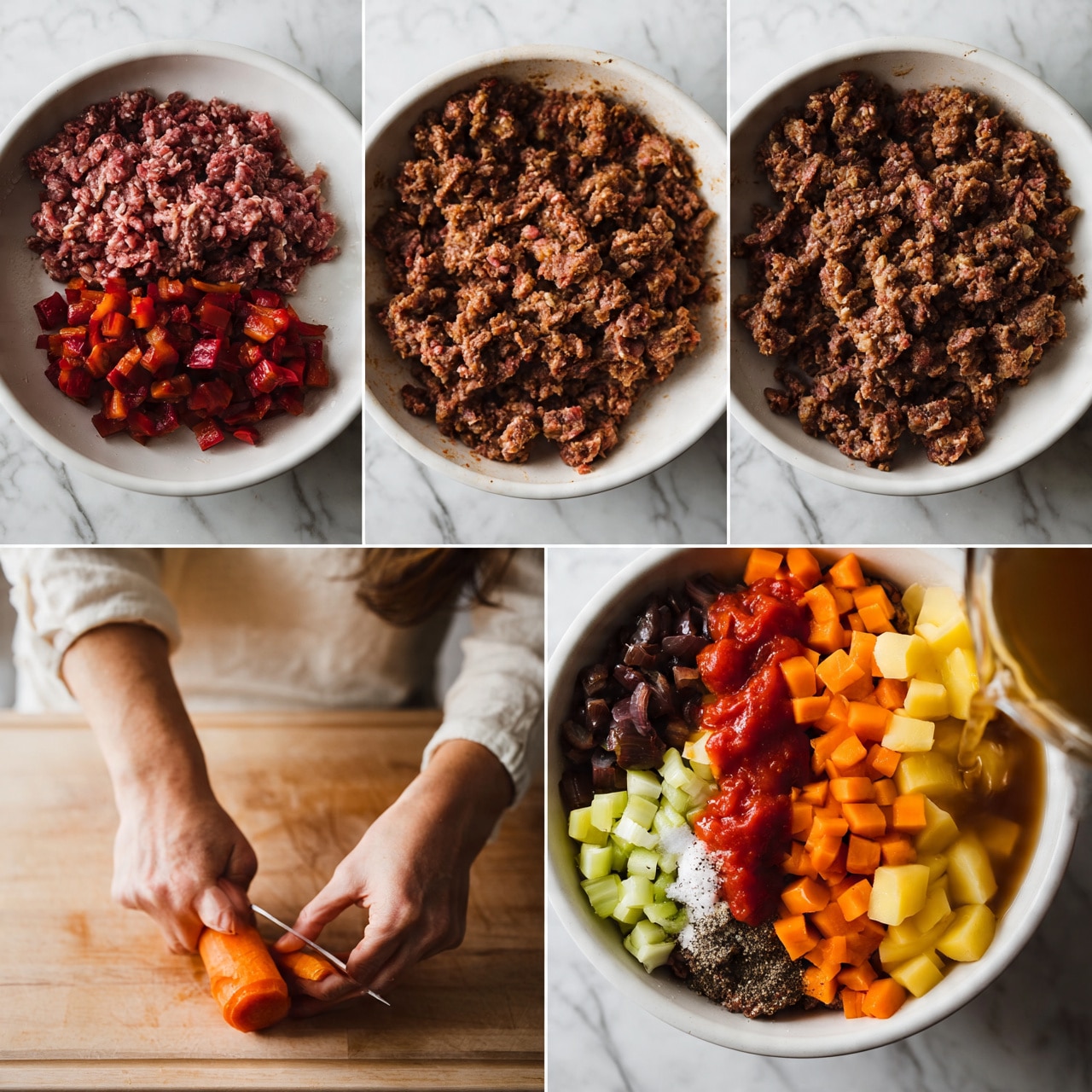 square image The images show a cooking process starting with one layer of raw ground meat and another layer of raw chopped red vegetables placed side by side in a white pan on a white marbled surface, followed by the meat turning brown and crumbly cooked in the same white pan. Next, the cooked meat is moved to a white bowl, forming the first layer. Then, a woman's hand is chopping a carrot on a wooden cutting board. The white bowl is filled with evenly arranged colorful diced vegetables and seasonings on top of the meat: orange carrots, yellow potatoes, red sauce, dark brown onions, light green celery, salt, and black pepper. Finally, a liquid broth is poured over all the ingredients in the bowl, covering them partially, ready for slow cooking, with the white marbled surface underneath visible around the bowl photo taken with an iphone --ar 4:5 --v 7