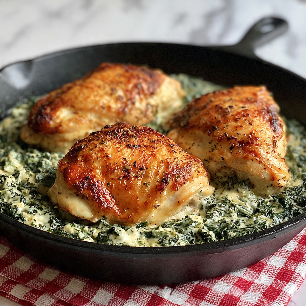 square image Three golden brown cooked chicken pieces sit in a black cast iron skillet. Underneath them, a creamy spinach and herb mixture with a soft, slightly chunky texture fills the pan’s base. The chicken has a crispy, slightly peppered surface, and the skillet rests on a red and white checkered cloth. The background is a white marbled texture. photo taken with an iphone --ar 4:5 --v 7