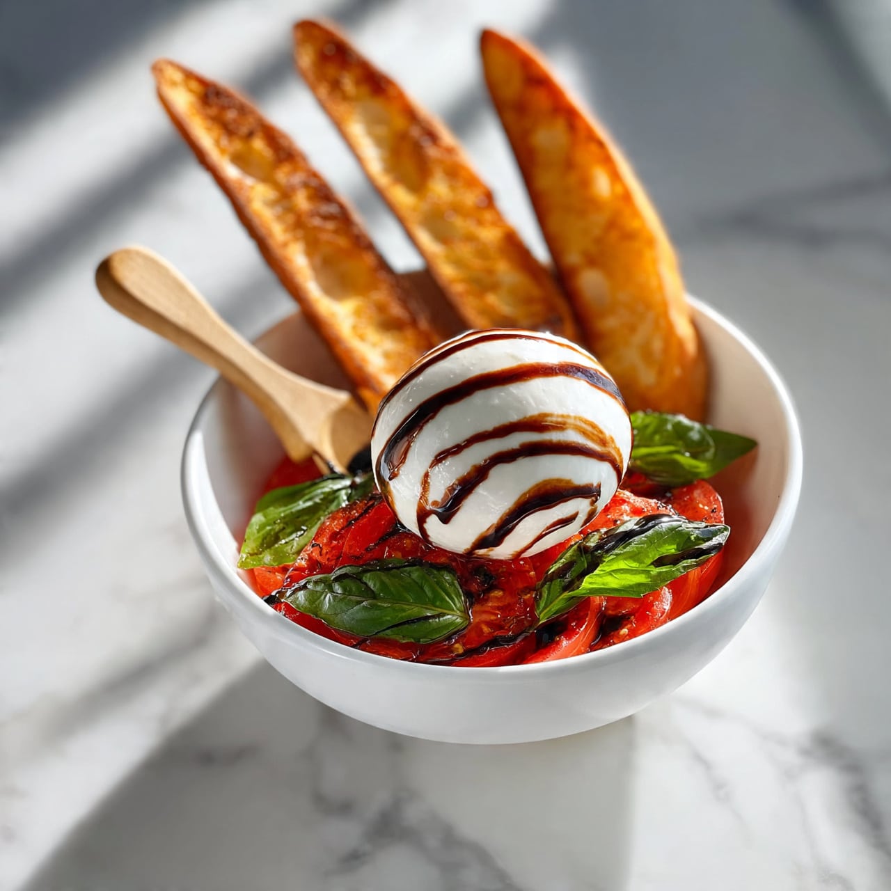 square image A white bowl on a white marbled surface holds a fresh salad featuring a base layer of sliced red tomatoes with green basil leaves scattered around. On top sits a smooth, white ball of mozzarella cheese drizzled with dark balsamic glaze in thin lines. To one side, three long, toasted golden-brown bread slices lean against the bowl’s edge. A small wooden spreader with a light handle rests inside the bowl beside the cheese. photo taken with an iphone --ar 4:5 --v 7