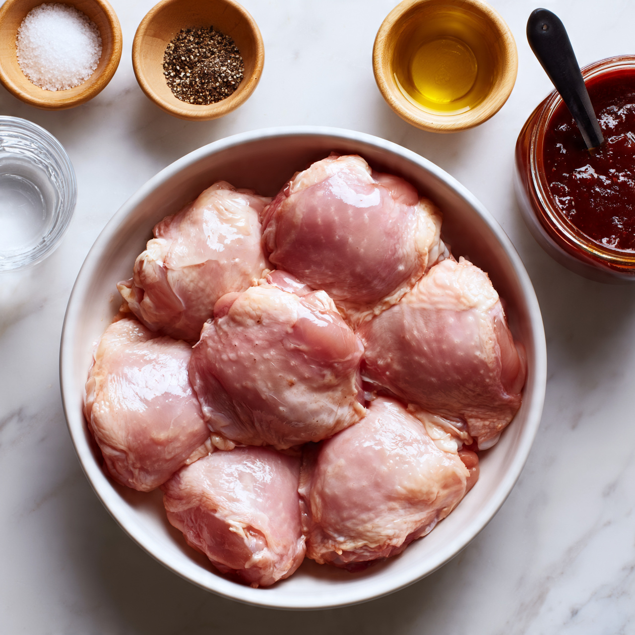 square image A white bowl filled with eight raw chicken thighs, light pink with a smooth, moist texture, fills the center of the image. On the left side, two small wooden bowls hold white salt and black pepper, placed above a clear glass of water. To the right, there is a small wooden bowl filled with golden olive oil and a jar of thick, dark red barbecue sauce with a black-handled spoon inside it. All items rest on a white marbled surface. photo taken with an iphone --ar 4:5 --v 7