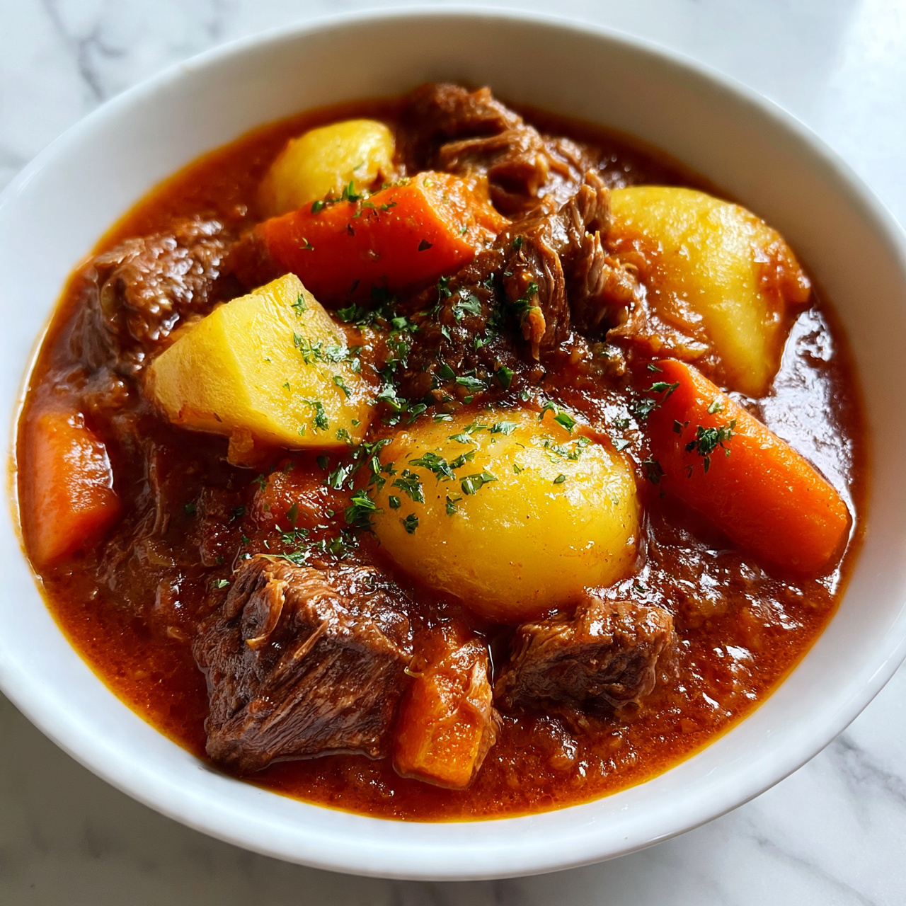 square image A white bowl filled with a rich stew sits on a white marbled surface, showing layers of dark brown beef chunks and bright orange carrot pieces, all covered in a thick, deep red sauce. Along with these, large, soft yellow potatoes float in the sauce, sprinkled with small green herb bits for color contrast. The textures of tender meat, smooth potatoes, and the chunky sauce mix together, creating a hearty, warm feeling. Photo taken with an iphone --ar 4:5 --v 7