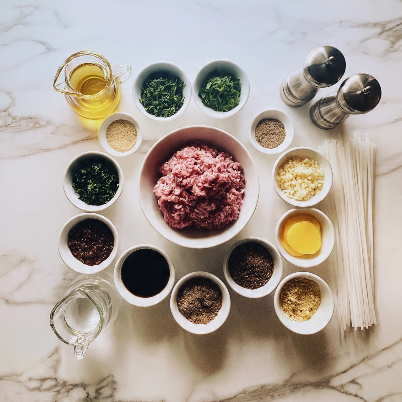 square image The image shows a top view of various small white bowls and glass containers arranged neatly on a white marbled surface. In the center is a white bowl filled with pink minced meat. Surrounding it are different ingredients including chopped green herbs, minced garlic, a dark sauce, some yellow slices, and various spices in powder form in small white bowls. There are also two small glass pitchers, one with a yellow oil and the other with a clear liquid, as well as two spice grinders and a small bunch of white uncooked spaghetti on the side. The overall color palette is natural with soft pinks, greens, yellows, and browns. photo taken with an iphone --ar 4:5 --v 7