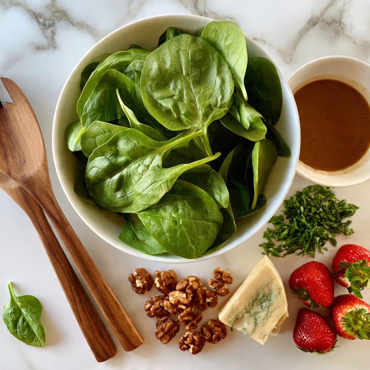 square image The image shows a white bowl full of fresh green spinach leaves placed on a white marbled surface. To the right of the bowl, there is a small white bowl filled with brown dressing. Below this, there are chopped green herbs, a wedge of pale cheese with green veins, and several red strawberries with green tops. Below the main bowl, clusters of brown nuts are scattered. On the left side, there are two wooden salad servers resting on the surface with a single spinach leaf near them. photo taken with an iphone --ar 4:5 --v 7