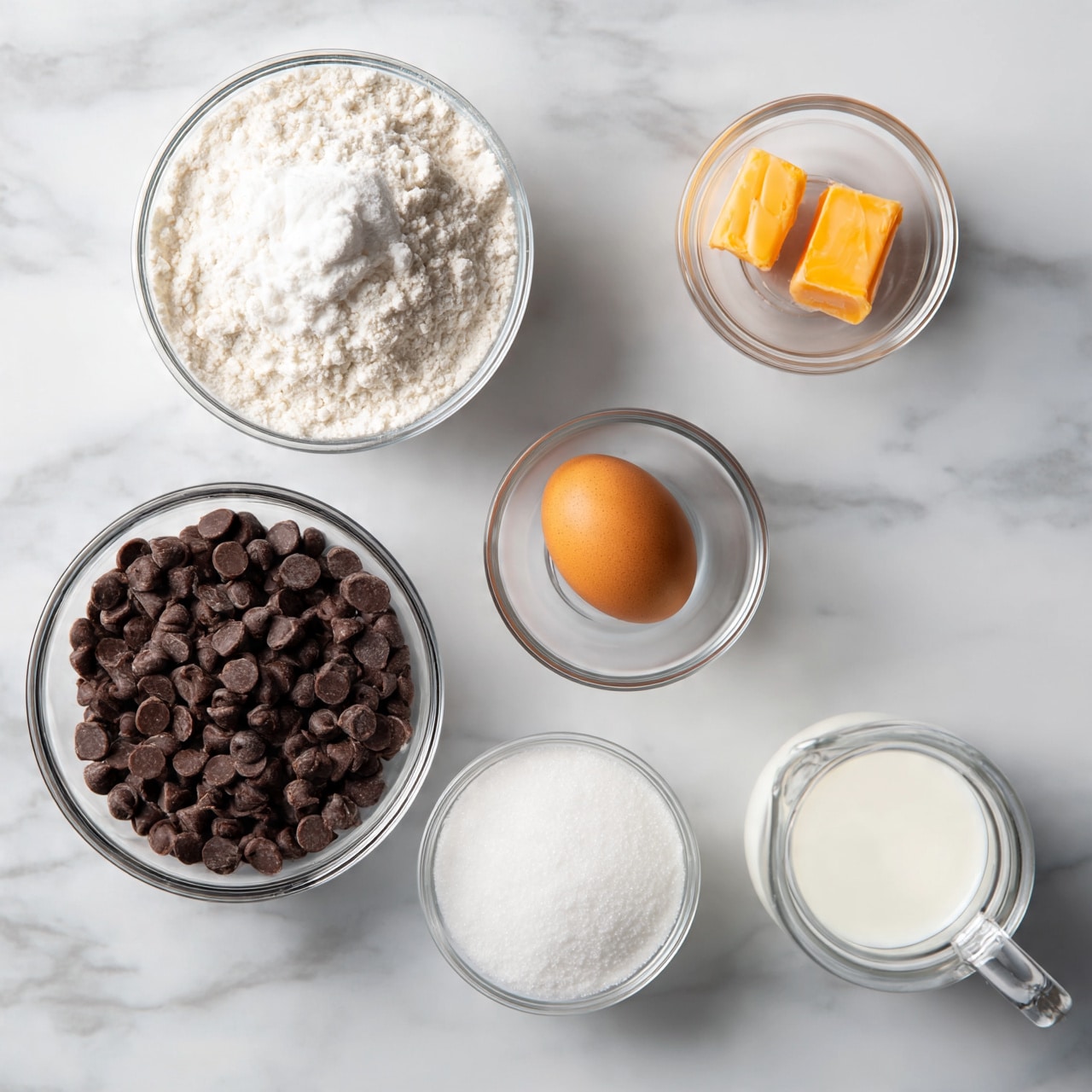 square image The image shows six clear glass bowls containing baking ingredients arranged on a white marbled surface. On the top left is a bowl filled with white flour mixed with some white powder on top. To the right is a small bowl holding two small orange-yellow sticks of butter. Below, a large bowl is full of dark brown chocolate chips. In the center is a single brown egg in a small bowl. At the bottom is a bowl filled with white sugar. To the right, a transparent glass pitcher contains milk. Photo taken with an iphone --ar 4:5 --v 7