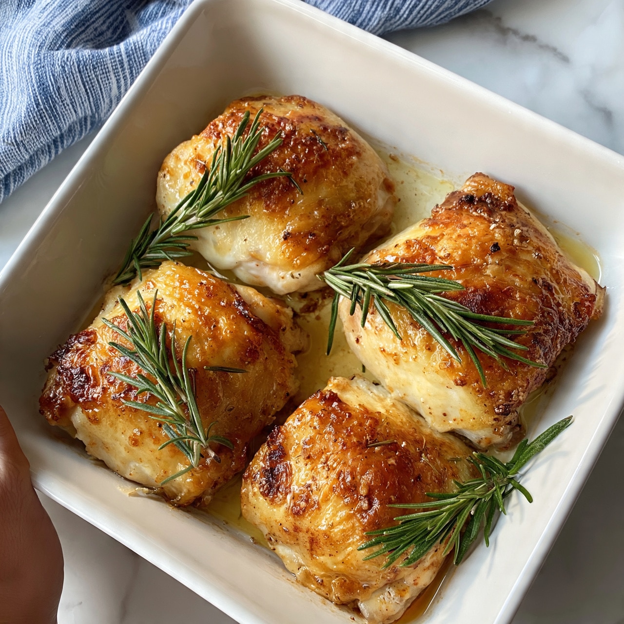 square image The image shows four cooked chicken pieces in a white rectangular baking dish. Each piece has a golden brown color with some crispy skin visible. Fresh green rosemary sprigs are placed on and around the chicken pieces, adding a touch of color and texture. The dish is slightly shiny from the natural juices and oil, which gather at the bottom. A blue and white striped cloth is visible in the background on a white marbled surface. A woman's hand is slightly holding the dish from one side. Photo taken with an iphone --ar 4:5 --v 7