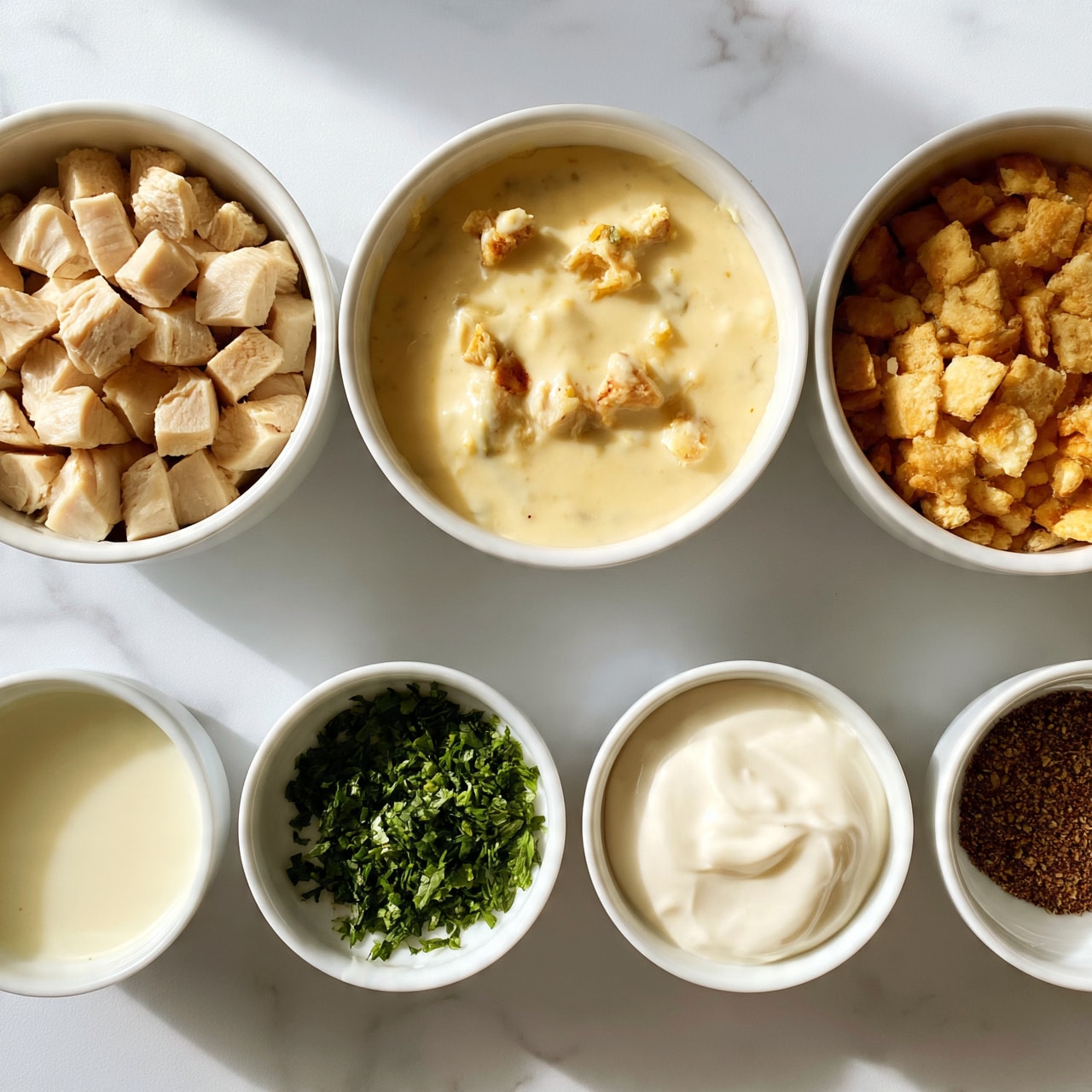 square image The image shows seven small white bowls arranged on a white marbled surface, each containing different food items. The top row has three bowls: the left one is filled with light beige diced cooked chicken pieces, the middle one has a thick light yellow cheesy sauce with some small chicken bits mixed in, and the right one contains crispy golden cracker pieces. Below them are four smaller bowls: the left one has a pale light yellow creamy liquid, the next bowl has finely chopped fresh green herbs, the third holds smooth white mayonnaise or sour cream, and the small bowl on the far right contains a dark brown spice mix. Photo taken with an iphone --ar 4:5 --v 7