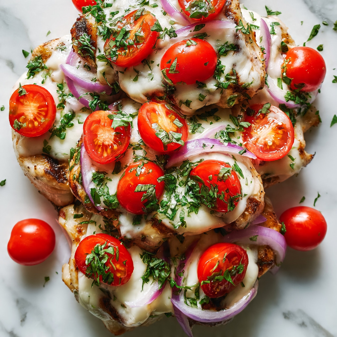 square image The image shows several layers of grilled white chicken pieces topped with melted white cheese, creating a creamy texture on each piece. Scattered all over the dish are bright red halved cherry tomatoes, adding a fresh and juicy look. Thin slices of purple onion are spread between and on top of the chicken and tomatoes, giving a sharp color contrast. Finely chopped green herbs, likely basil, are sprinkled over the entire dish, adding a vibrant touch of green. The dish sits on a white marbled surface, enhancing the fresh and colorful look. photo taken with an iphone --ar 4:5 --v 7