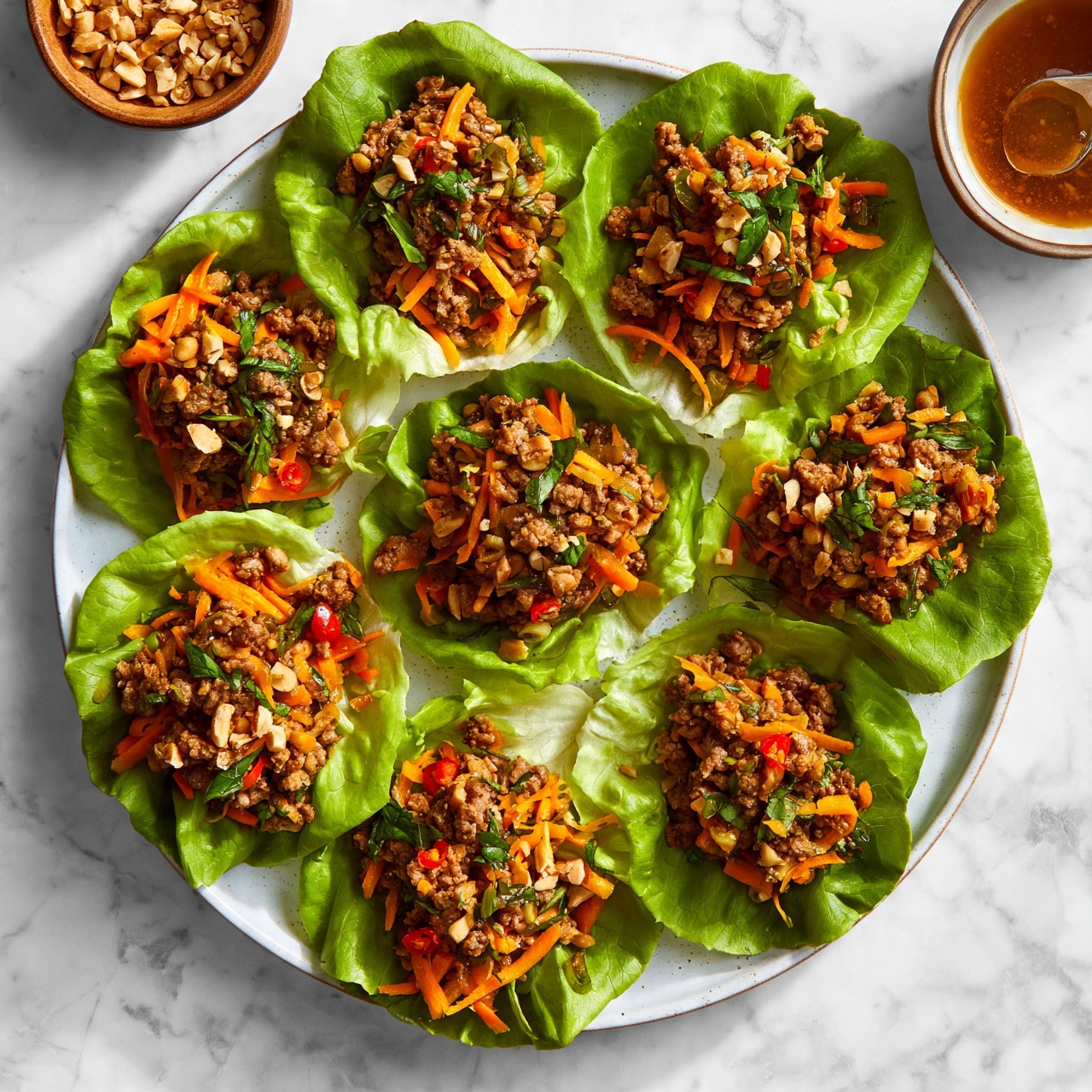 square image A white plate holds seven lettuce cups filled with a colorful mix of minced meat, shredded orange carrots, small red chili pieces, and chopped nuts, topped with green herbs. The lettuce leaves are fresh and bright green, arranged in a circular pattern on the plate. Around the plate, on a white marbled surface, there is a small wooden bowl filled with chopped nuts and another bowl containing a brown sauce with a spoon. The overall look is fresh and vibrant with the different textures of the crunchy lettuce, soft meat, and crunchy nuts clearly visible. Photo taken with an iphone --ar 4:5 --v 7