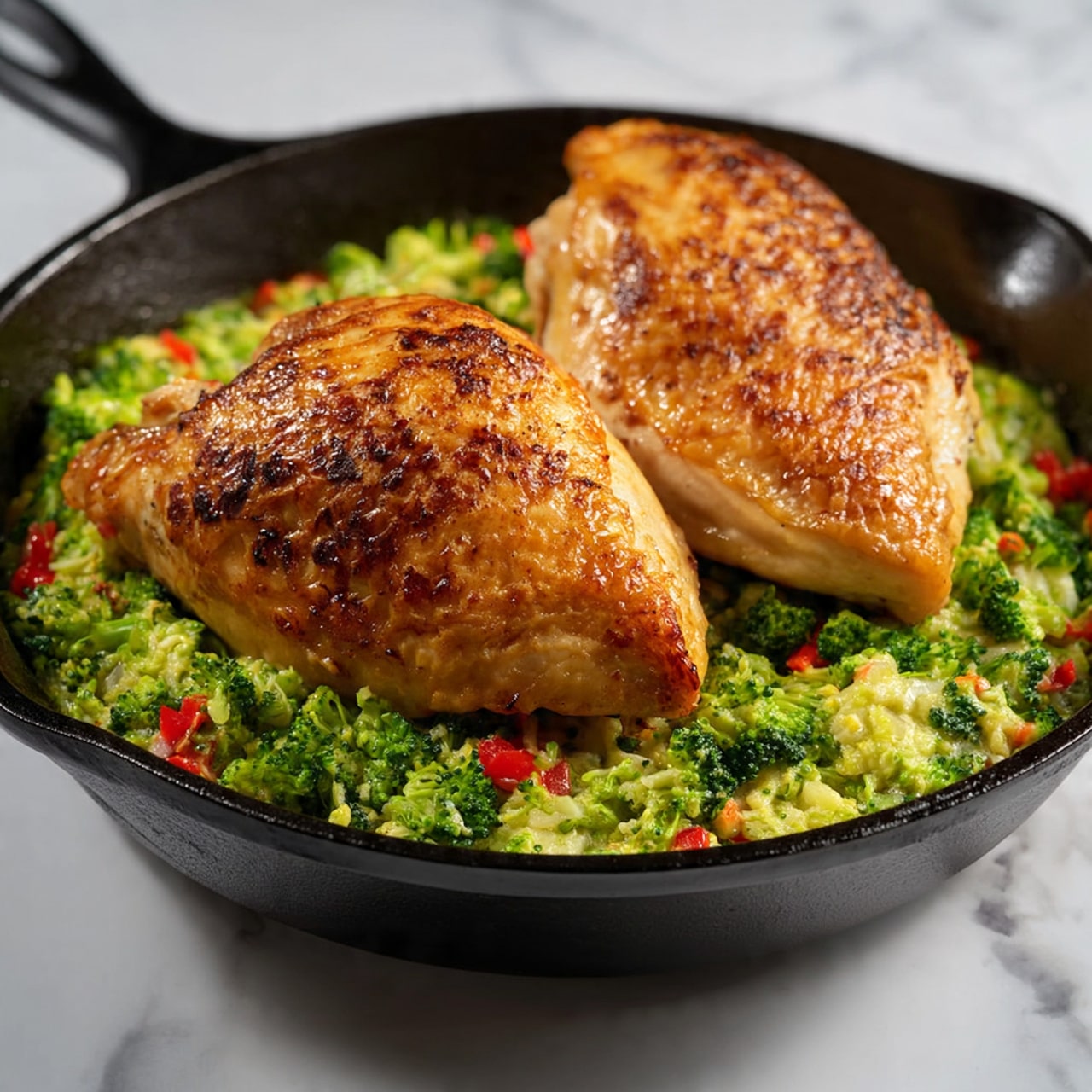 square image The image shows two pieces of golden-brown cooked chicken placed on top of a colorful layer of chopped mixed vegetables, including green broccoli and small red bell peppers, all in a black cast iron skillet. The chicken has a lightly charred texture with a smooth, shiny surface from cooking. The vegetables underneath appear soft and slightly creamy, with bright green and red colors visible through the chicken. The skillet sits on a white marbled surface. Photo taken with an iphone --ar 4:5 --v 7