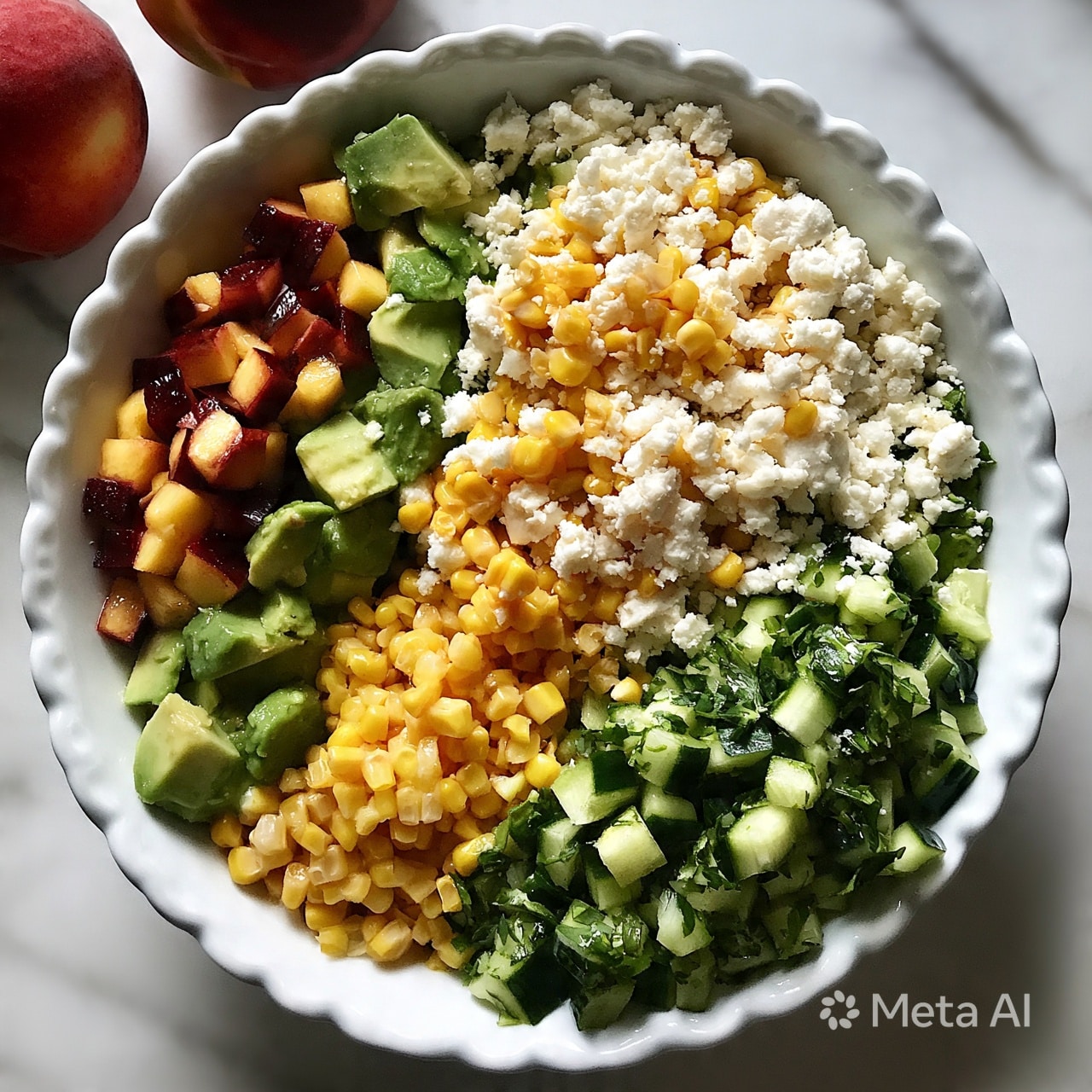 square imageA white bowl with a scalloped edge holds a layered salad arranged in sections. Starting from the left, there are small cubes of dark red and yellow peach pieces, followed by chunks of green avocado, then bright yellow corn kernels. At the bottom right is a section of chopped cucumber in dark and light green shades, mixed with finely chopped fresh green herbs. On top and spread over the middle is crumbled white cheese, with some corn kernels mixed in. The bowl sits on a white marbled surface with two whole peaches nearby. Photo taken with an iphone --ar 4:5 --v 7