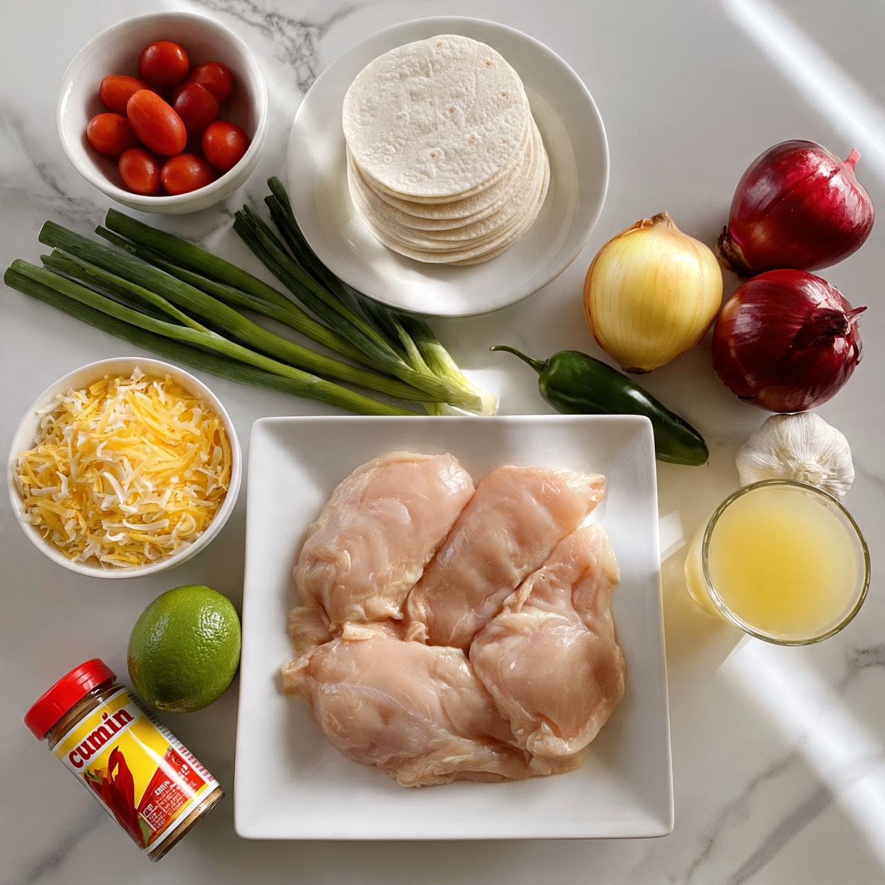 square image A white square plate in the center holds four raw chicken pieces that are light pink and smooth. Above the plate is a round white plate stacked with six small white tortillas. To the left, there are two white bowls: one with small red cherry tomatoes and the other with shredded yellow and white cheese. Between the plates and bowls are five long green onions with dark green tops, lying diagonally. To the right of the chicken plate are a yellow onion and a red onion with shiny skins, a small green jalapeño pepper, a bulb of white garlic, and a small glass filled with light yellow juice. At the bottom left corner, near the chicken plate, there is a whole green lime, a spice jar with a red lid labeled cumin, and a small can of red chili with yellow and white labeling. All items are placed on a white marble surface. photo taken with an iphone --ar 4:5 --v 7
