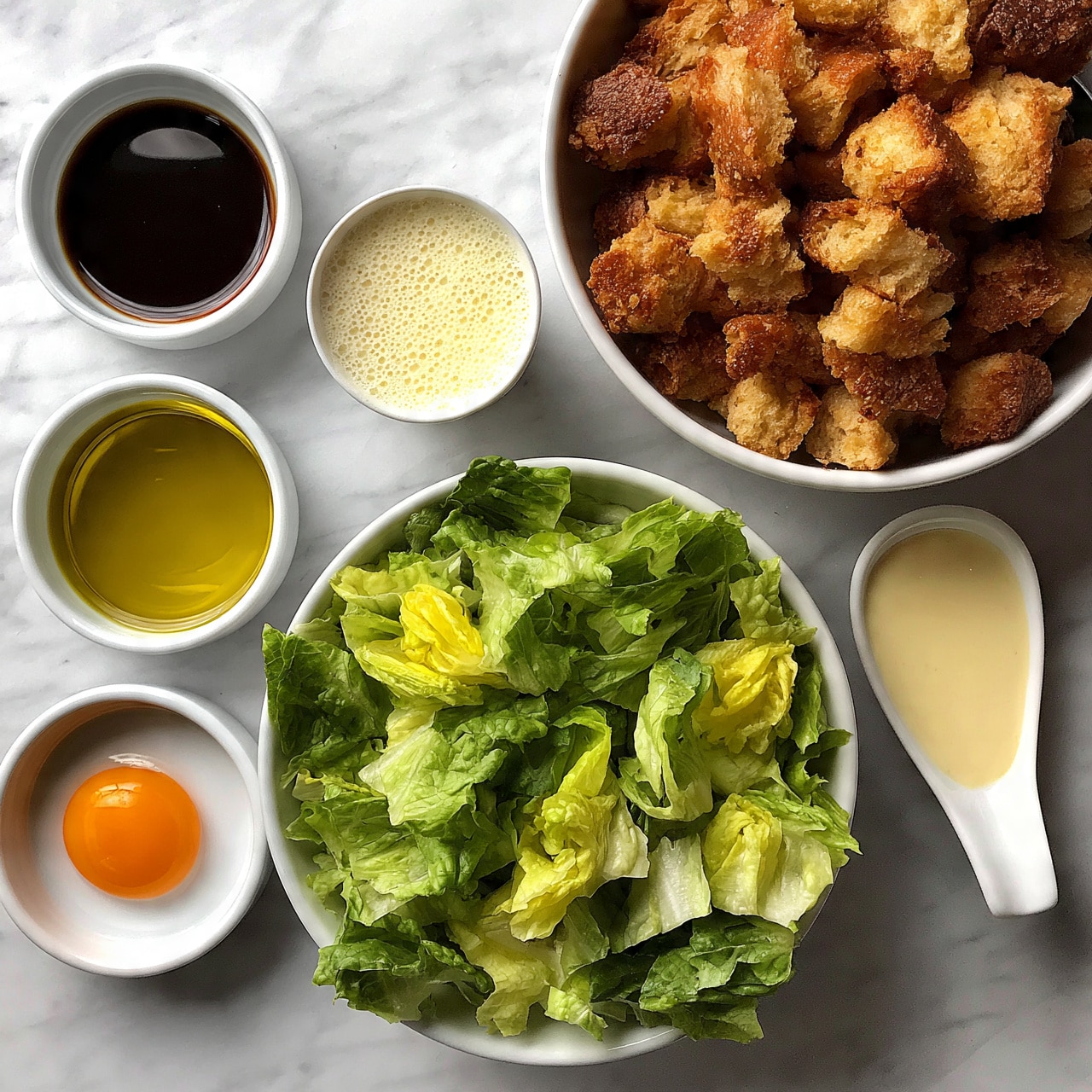 square image The image shows a white bowl full of fresh, bright green romaine lettuce leaves at the center bottom, with vibrant shades of light and dark green and a crisp texture. To the right of the lettuce is a white spoon-shaped dish with smooth, creamy dressing, pale yellow in color. Above the dressing is a small white cup containing frothy, light yellow liquid. To the top right, there is a large white bowl filled with golden-brown toasted bread cubes, showing a crunchy texture. On the left side, there are three small white bowls in a vertical arrangement: the top one has dark brown balsamic vinegar, the middle one has clear golden olive oil, and the bottom one contains a bright orange egg yolk on a white base. The background is a white marbled surface. photo taken with an iphone --ar 4:5 --v 7