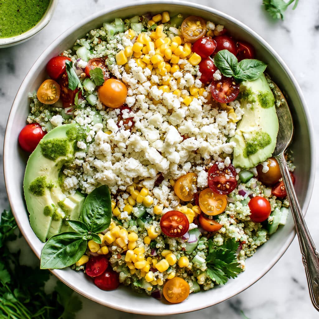 Corn, Avocado, and Quinoa Salad with Marinated Tomatoes Recipe