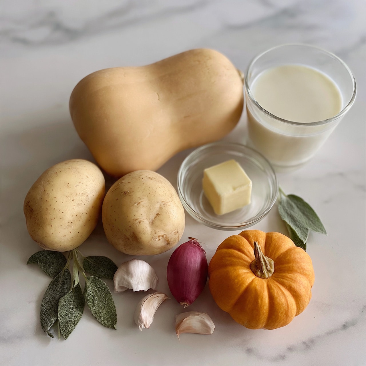 square image The image shows a white marbled surface with various ingredients laid out: two whole potatoes, a beige butternut squash, a small orange pumpkin, a few fresh sage leaves, two cloves of garlic, a small red shallot, a small glass bowl containing a stick of butter, and a clear glass cup filled with milk. The ingredients are arranged in a loose cluster, highlighting their natural textures and colors. photo taken with an iphone --ar 4:5 --v 7