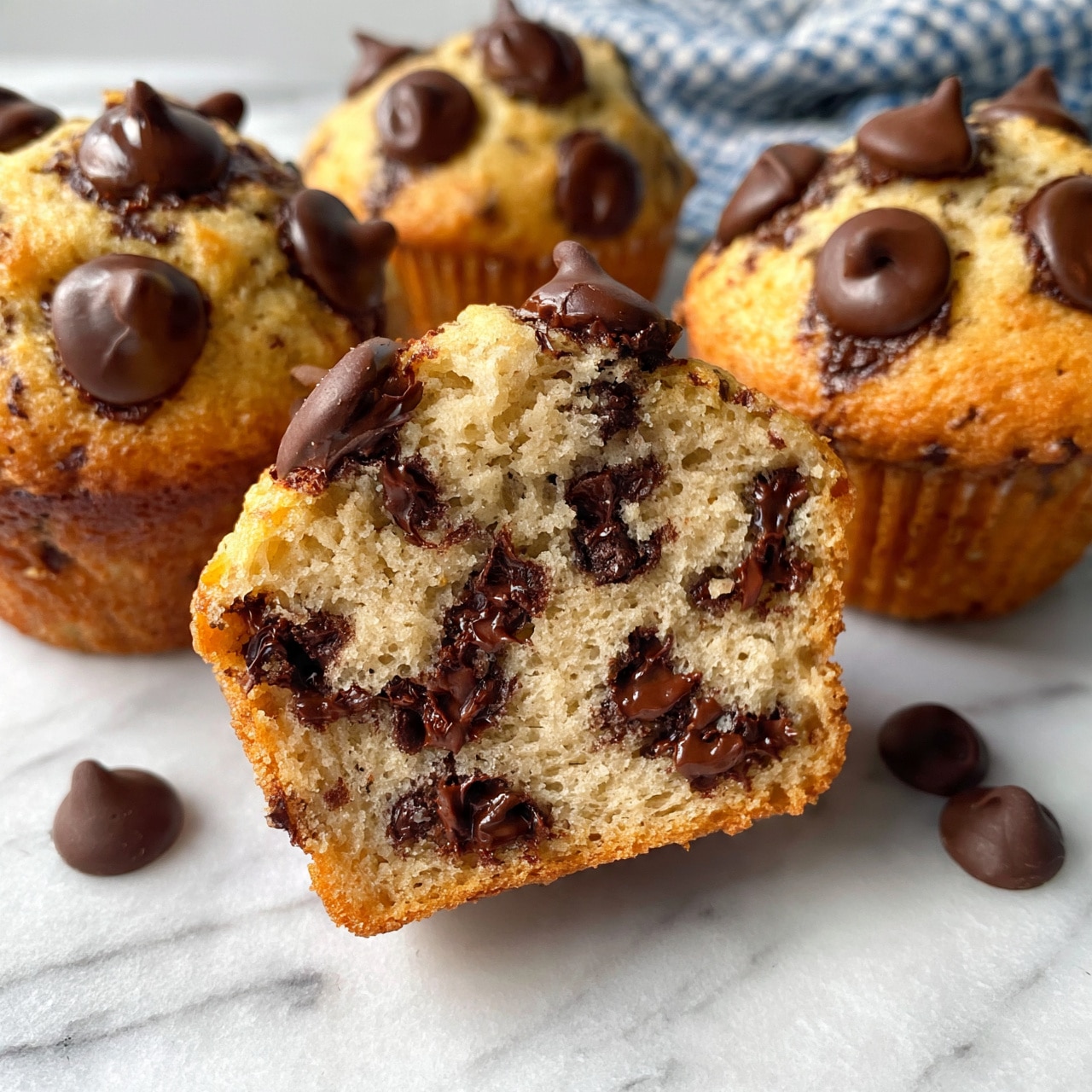 square image The image shows several chocolate chip muffins on a white marbled surface, with one muffin cut in half in the front center. Each muffin has a golden-brown top sprinkled with large, dark chocolate chips that slightly melt on the surface. Inside the cut muffin, the soft and light beige crumb is dotted with many melted chocolate chips creating a rich texture. Around the muffins, there are a few loose chocolate chips scattered. The background includes a blurred blue and white checkered cloth. Photo taken with an iphone --ar 4:5 --v 7
