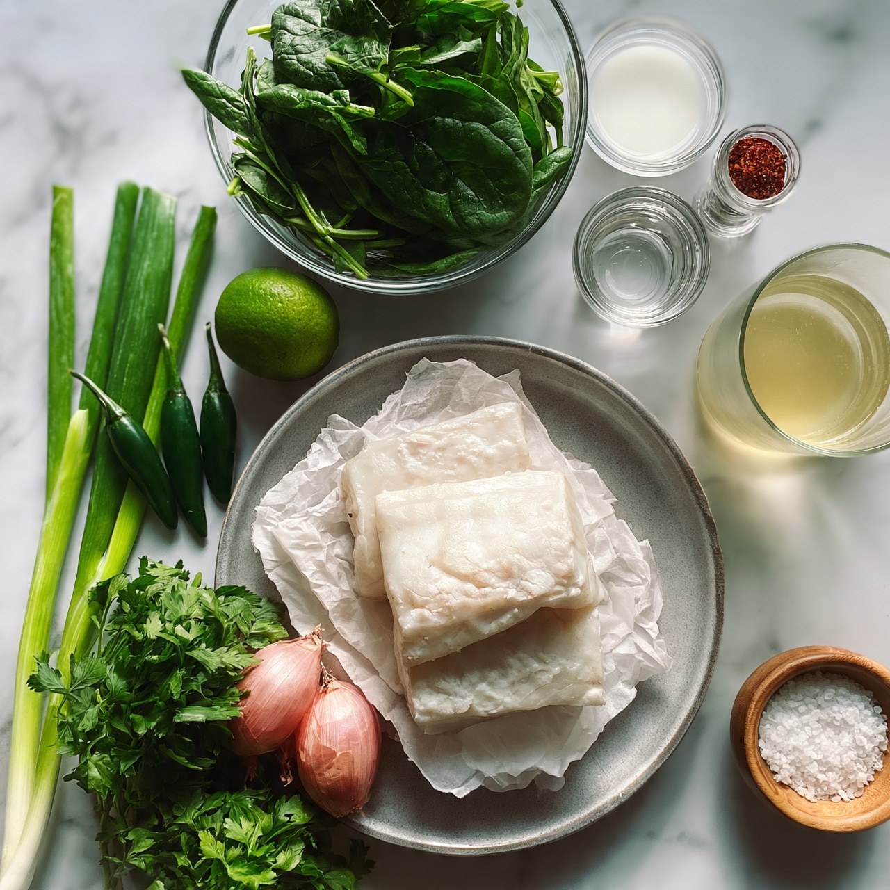square image A round gray plate in the center holds three thick white fish fillets layered on wrinkled white paper, surrounded by fresh green herbs at the bottom left and two pale red shallots beside them. To the left, three bright green scallions lie next to two dark green chili peppers and a fresh lime. Above, a clear glass bowl is filled with bunches of dark green spinach leaves, and near it sit a small glass bowl with white liquid, a tiny bowl of red spice, and a small glass container of clear oil. On the right side, a clear glass cup contains light yellow broth, and a small wooden bowl at the bottom right holds white salt grains. All items are set on a white marbled surface. Photo taken with an iphone --ar 4:5 --v 7