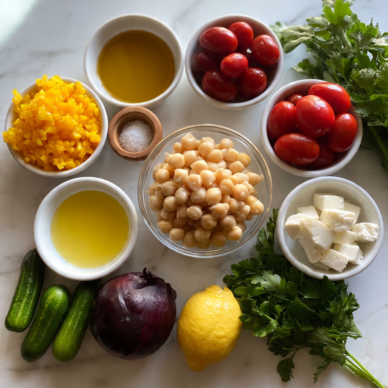 square image The image shows several small white bowls and dishes arranged on a white marbled surface. In the center is a clear glass bowl filled with pale beige chickpeas. Around it are bowls with different ingredients: bright yellow-orange chopped pieces, deep red cherry tomatoes, a small pile of salt in a wooden bowl, golden-yellow oil, and a pale yellow liquid. Also on the surface are three green mini cucumbers, a whole dark purple onion, a bright yellow lemon, a small bowl with white cubes resembling cheese, and a bunch of fresh green parsley. The items are spaced out neatly, showing texture differences like smooth tomatoes and leafy greens. Photo taken with an iphone --ar 4:5 --v 7