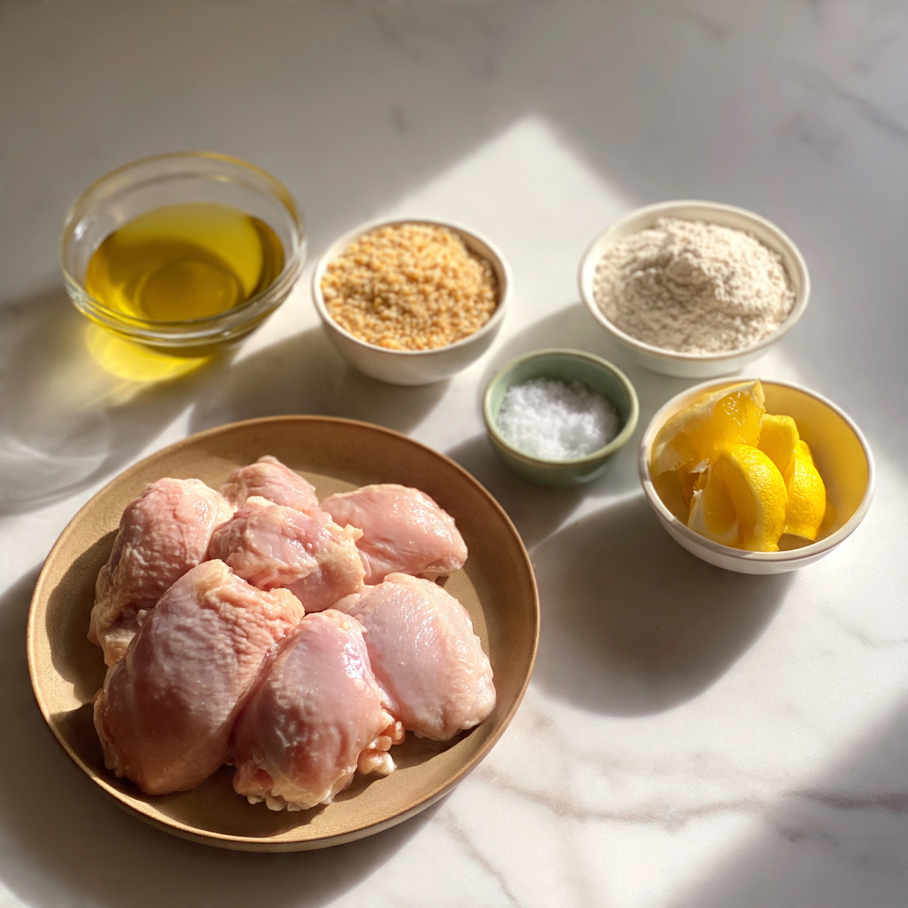 square image The image shows six ingredients arranged neatly on a white marbled surface. In the lower left, there is a brown plate holding five raw pink chicken pieces with smooth textures and slight shine. Above and to the right, there are five small bowls and cups: a clear glass bowl filled with golden oil, a small white bowl with crunchy bread crumbs in light brown color, a white bowl with fine white flour, a small green bowl with coarse white salt, and a white bowl holding four yellow lemon wedges. The setup is clean and bright, with soft natural lighting. photo taken with an iphone --ar 4:5 --v 7