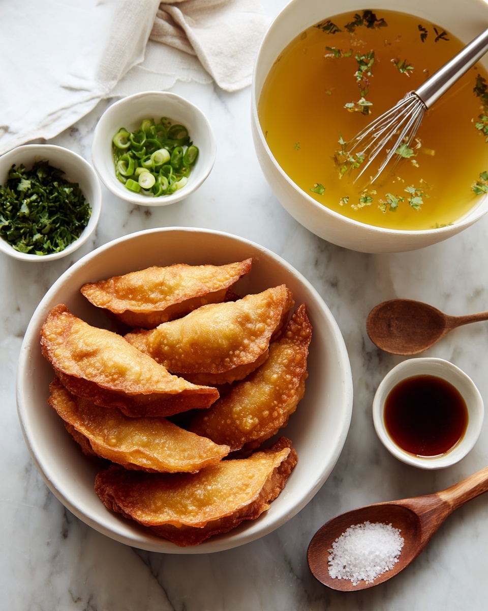 square image A white bowl filled with several golden-brown fried dumplings stacked inside, placed on a white marbled surface. Next to it is a large white bowl containing a yellow broth with a small whisk resting inside. Around the bowls, there are small white dishes with sliced green onions, dark soy sauce, chopped green herbs, and a small cup of reddish-brown sauce. A wooden spoon with salt is also beside the bowl of dumplings. The scene is softly lit, showing the textures of the dumplings and the smooth broth, photo taken with an iphone --ar 4:5 --v 7