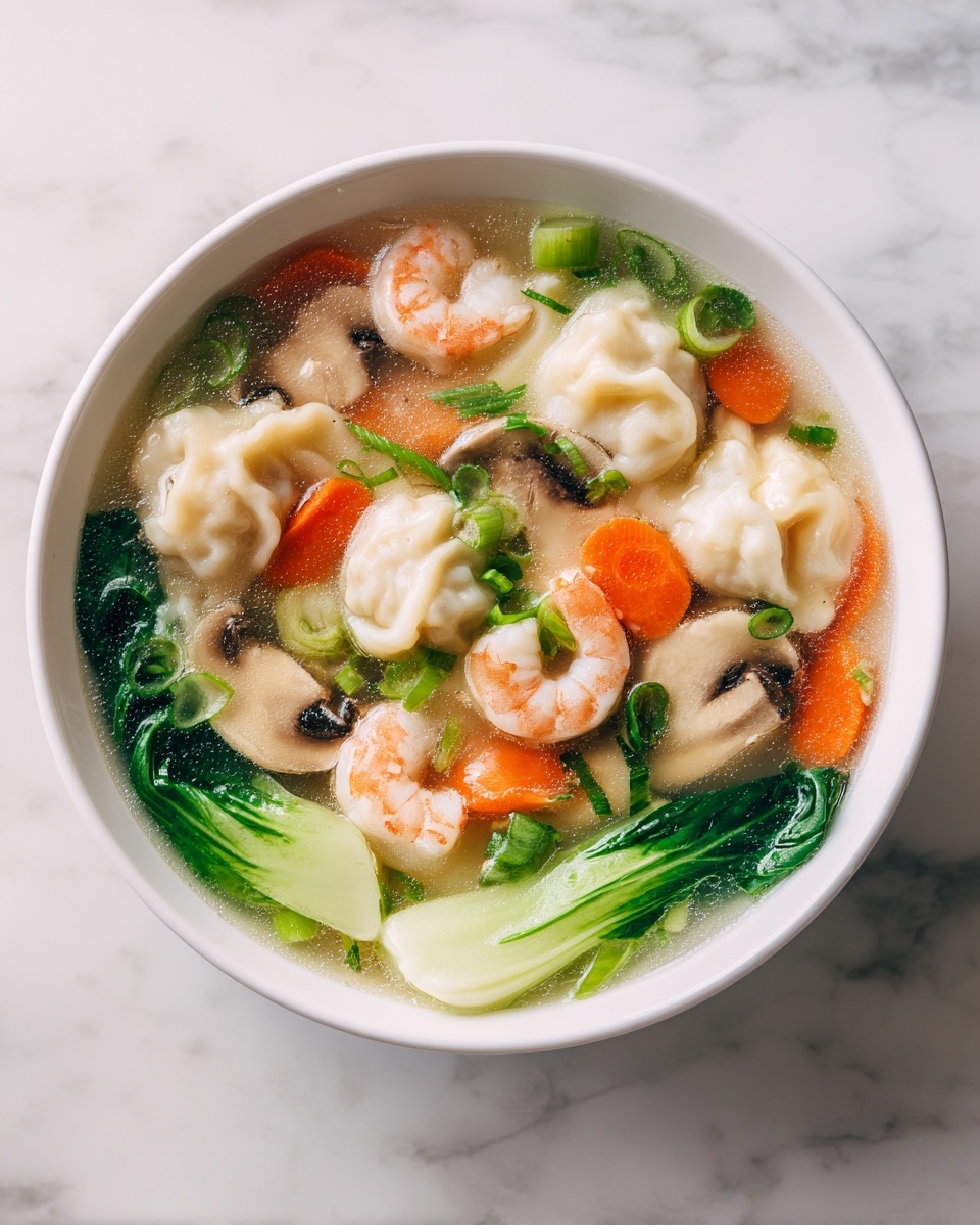 square image The image shows a white bowl filled with a soup containing multiple layers and ingredients. The top layer has pale dumplings with soft, folded edges, scattered green onion pieces, and pink shrimp curled in different spots. Underneath and around the dumplings and shrimp, there are sliced orange carrots, quartered light brown mushrooms, and bright green bok choy leaves with visible ribs. The soup broth is clear with a warm, light color that blends well with the colorful ingredients. The background surface is white marble, enhancing the colors of the dish. photo taken with an iphone --ar 4:5 --v 7