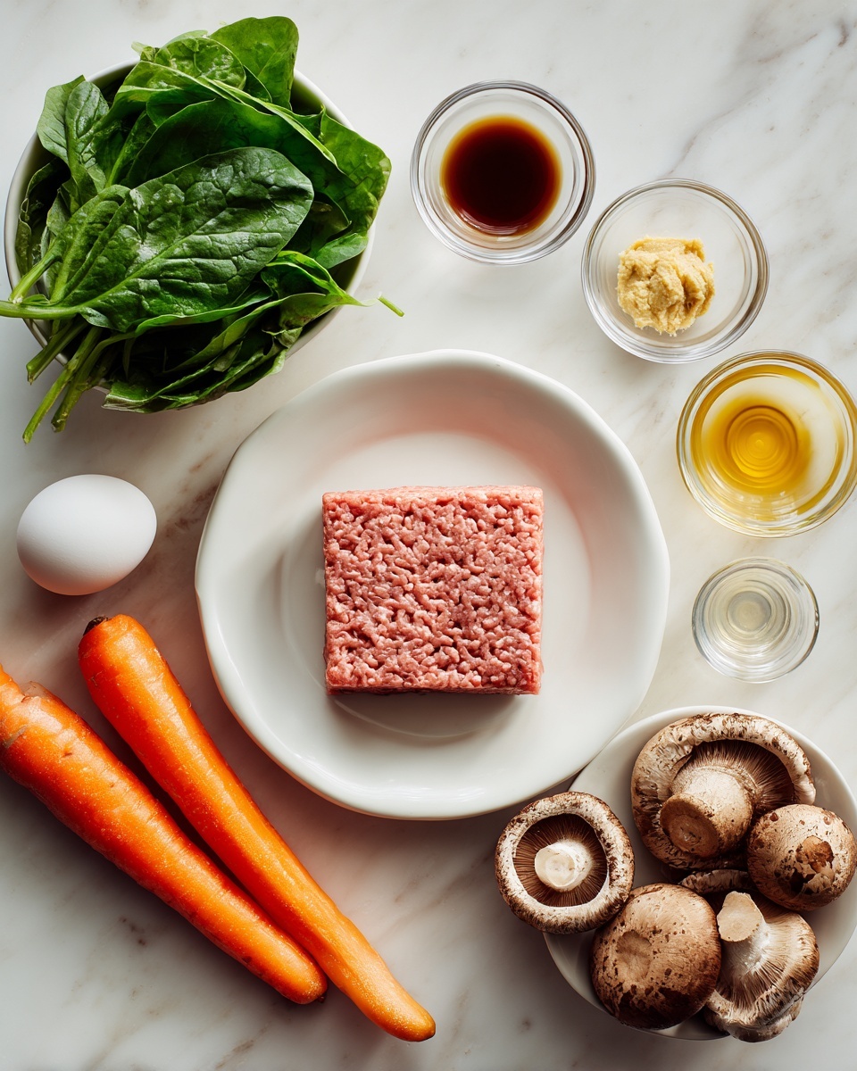 square image The image shows a white plate in the center with a square block of raw ground meat that is pinkish-red with a textured surface. Around the plate, there are several small clear bowls each containing different ingredients: one has a dark brown liquid, another has a light yellow paste, one has a small amount of light yellow liquid, and the last one has a little bit of clear liquid. To the left, there is a white bowl with fresh green spinach leaves that look leafy and vibrant. Below the spinach, there are two whole orange carrots lying side by side on a white marbled surface. On the right side, there is a shallow white bowl filled with brown shiitake mushrooms that have a rough cap texture and tan stems, showing some natural spots. A single white egg is also on the white marbled surface near the mushrooms. The whole setup is arranged neatly with good lighting, photo taken with an iphone --ar 4:5 --v 7
