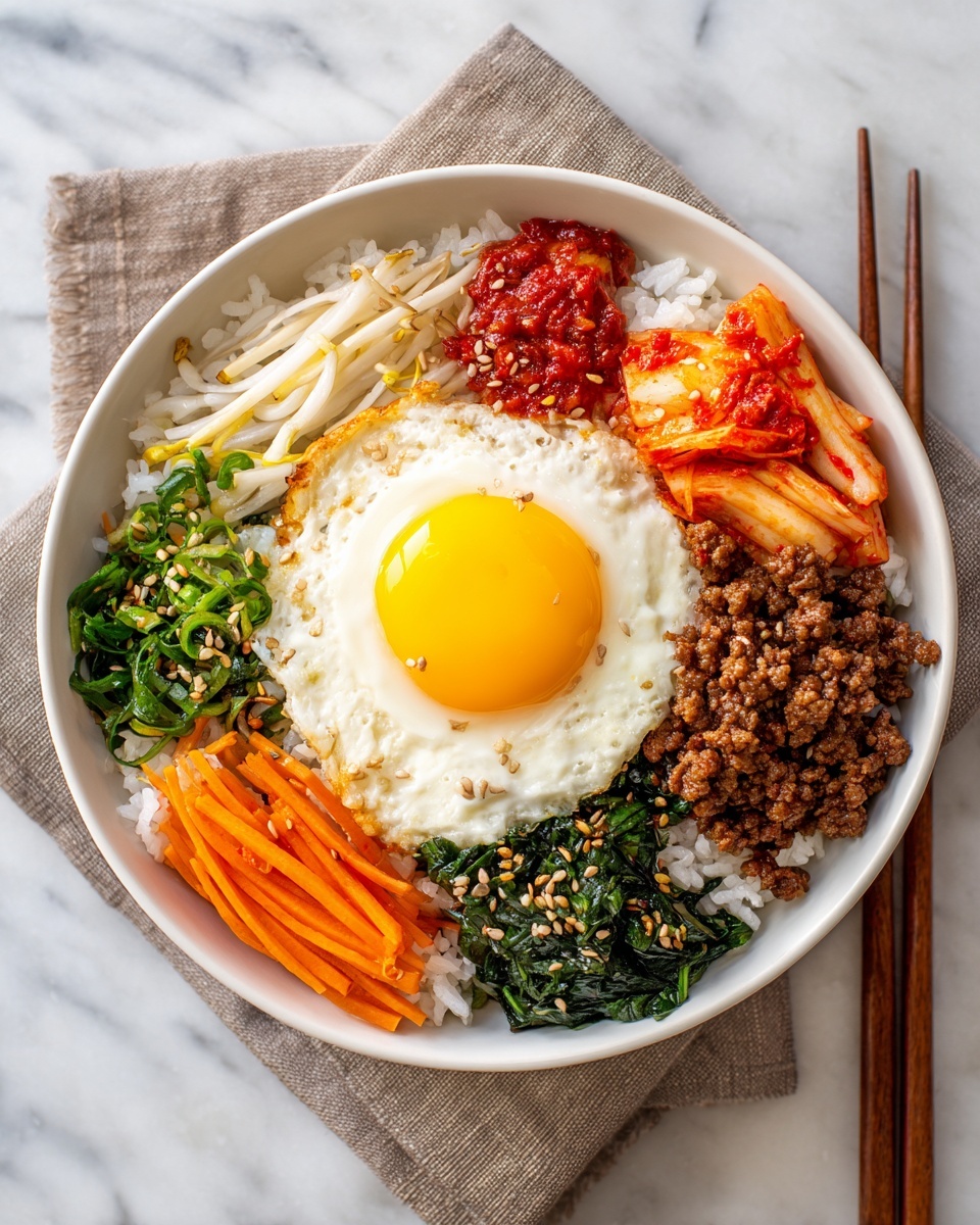 square image A white bowl filled with a layer of white rice at the bottom, topped with five sections of different ingredients arranged around the edge and a fried egg in the center. Starting from the top and moving clockwise, there are bright orange carrot sticks, white bean sprouts, a dollop of red sauce, cooked minced brown meat, bright red kimchi, and dark green cooked spinach. The fried egg has a shiny yellow yolk and white edges. The bowl is placed on a light brown cloth with a pair of wooden chopsticks on the right side, all on a white marbled surface photo taken with an iphone --ar 4:5 --v 7