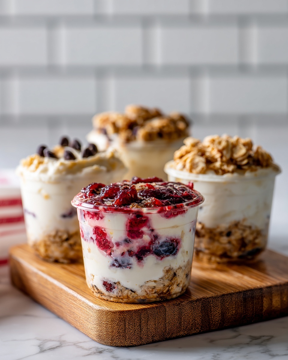 square image The image shows four small dessert cups placed on a wooden board, against a white marbled texture background with a white tiled wall behind. Each dessert has a white creamy base with visible pieces mixed inside. The front dessert has red fruit pieces embedded throughout, giving it a spotted red and white look. Behind it, two stacked desserts feature a layer of crunchy granola in the middle with creamy white layers above and below; one has small dark chocolate chips on top, and the other has granola crumbs sprinkled on top. The fourth dessert, slightly blurred in the back, looks similar to the granola layer dessert. A red and white striped cloth is partly visible to the left side of the image. Photo taken with an iphone --ar 4:5 --v 7
