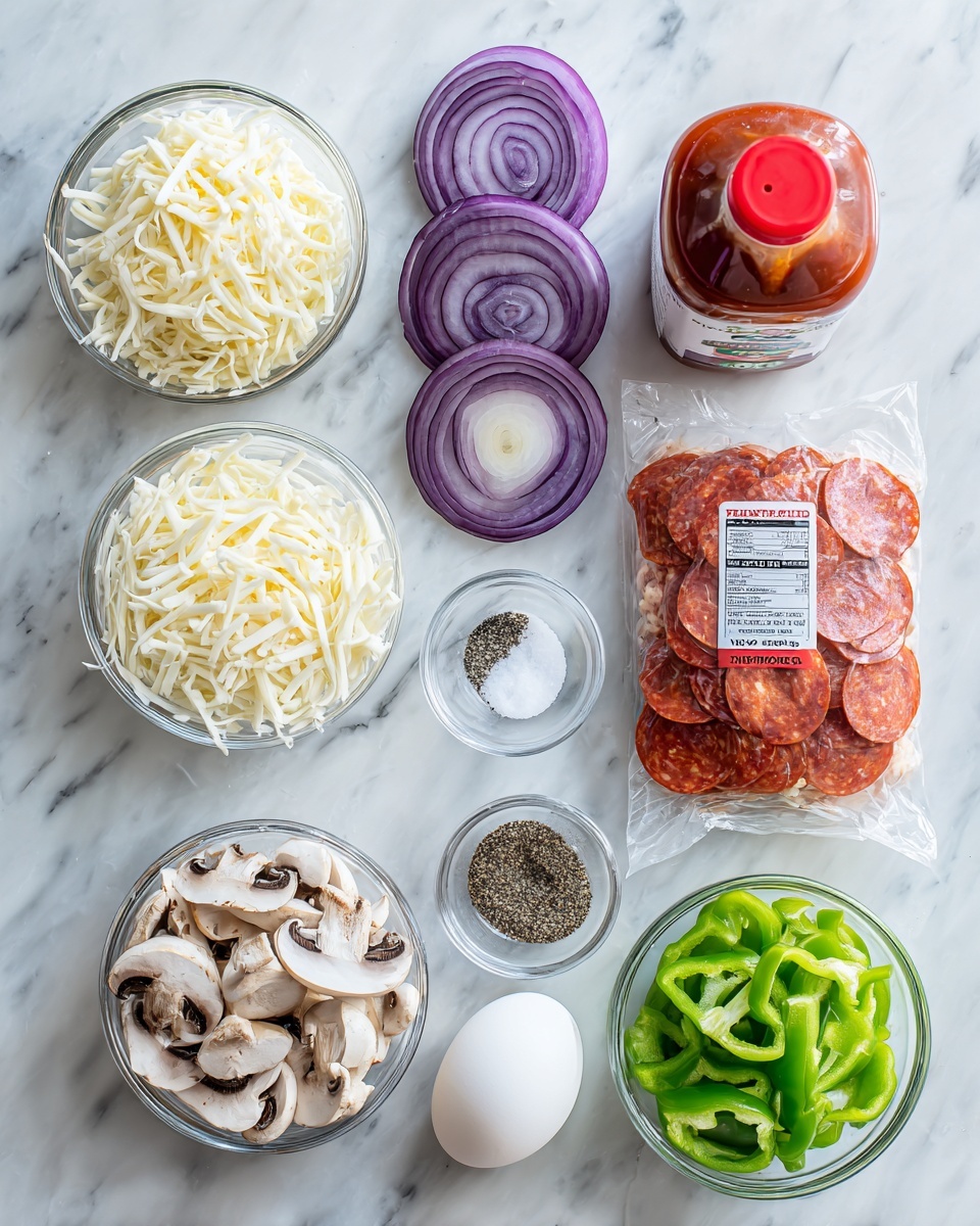 square image The image shows several food ingredients arranged neatly on a white marbled surface. In the center right, there is a clear plastic package of ground chicken with a label. To its left, two clear glass bowls are filled with shredded mozzarella cheese and sliced red onions stacked vertically. Above the cheese, there is a small clear bowl filled with black pepper and next to it, a salt shaker containing spices. Below the package, a white whole egg is placed. In the bottom row, a clear bowl contains sliced mushrooms to the right of a bowl filled with chopped green bell peppers. To the left of the peppers is a purple pack of sliced turkey pepperoni. Behind the egg, a plastic bottle of pizza sauce with a red cap stands upright. The ingredients are spaced with clear visibility, emphasizing fresh and clean textures. Photo taken with an iphone --ar 4:5 --v 7
